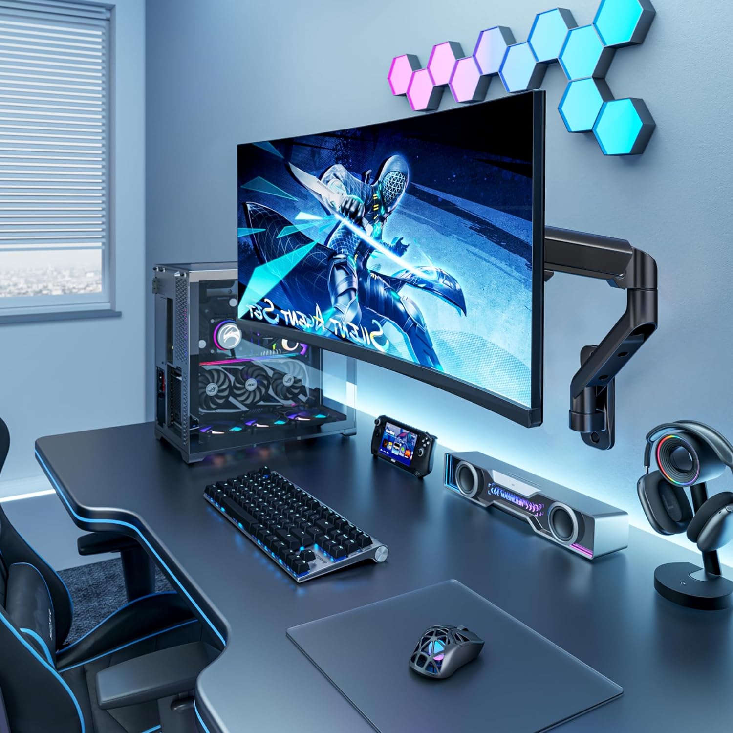 ARES WING Single Monitor Wall Mount for 17-40 Inch Ultrawide Screens, Heavy Duty Monitor Arm Up to 26.4 lbs, Fully Adjustable Wall Mount, VESA 75x75/100x100 Compatible, Black