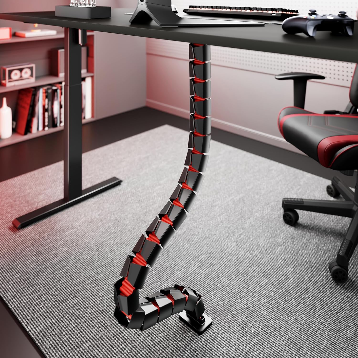 ARES WING Under Desk Cable Management Spine, Screw On Vertebrae Cable Management for Standing Desk, Length Adjustable Cord Organizer with 20 Modular Vertebrae for Office and Gaming Desks, Red
