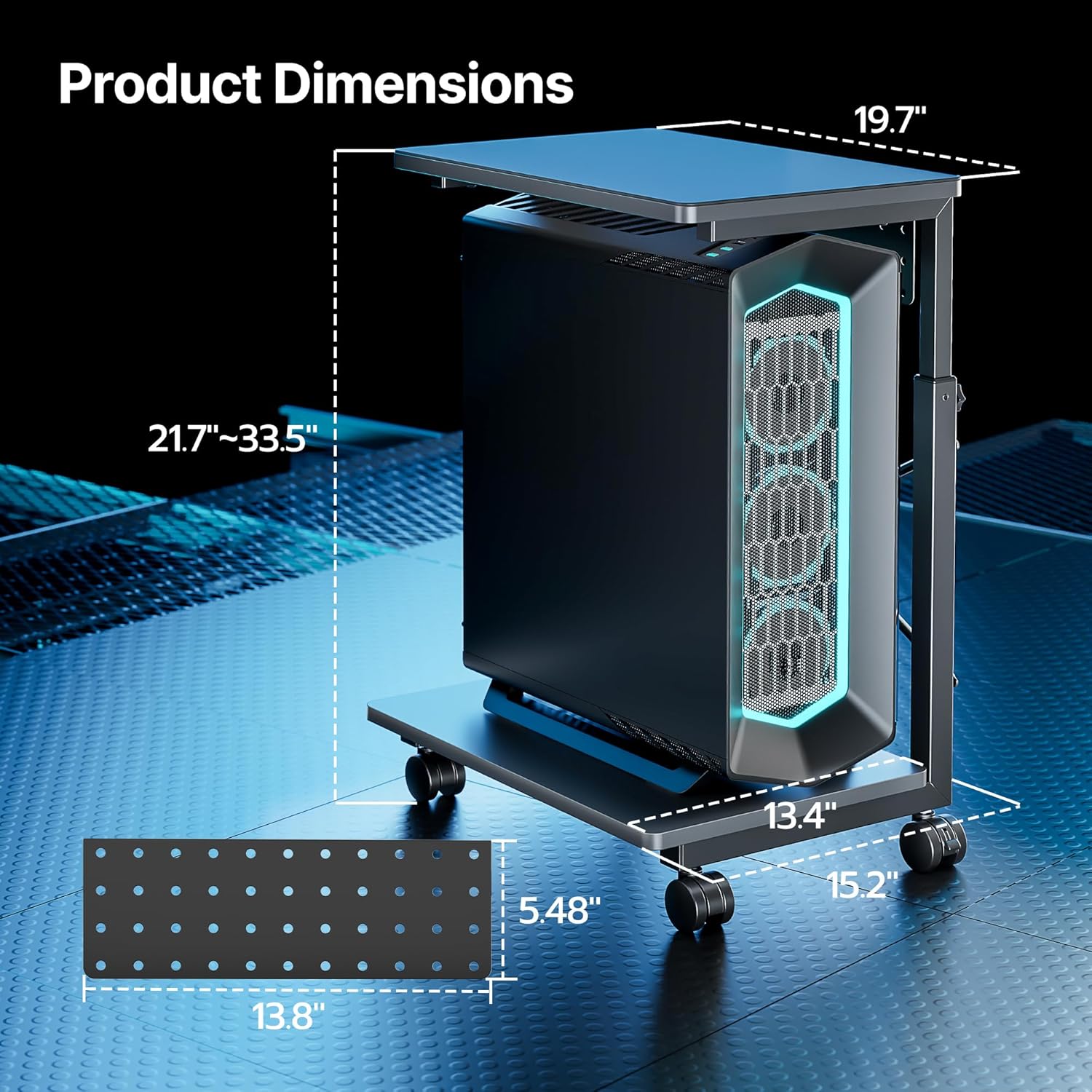 ARES WING Height Adjustable Computer Tower Stand, 2-Tier PC Tower Stand for Most PC, CPU Holder Cart with Locking Wheels for Gaming Home Office, 21.7"-33.5" Height