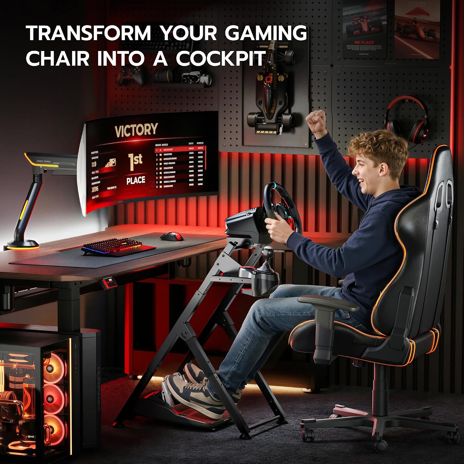 ARES WING Racing Wheel Stand, Racing Simulator Cockpit with Steering Wheel Shifter Pedal Mount, Foldable Sim Racing Cockpit Compatible with Logitech G29 G920 G923, Fanatec, Thrustmaster, Moza, Simagic