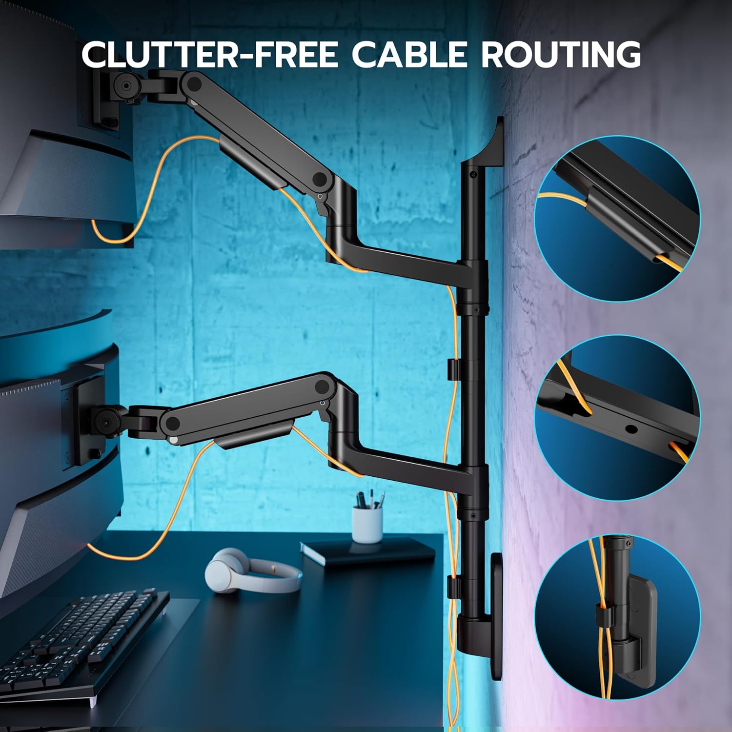 ARES WING Dual Monitor Wall Mount for 17-49 Inch Ultrawide Screens, Heavy Duty Wall Mount Monitor Arm Holds 44 lbs Each, Fully Adjustable Gas Spring Monitor Arm, 75x75/100x100 VESA Mount, Black