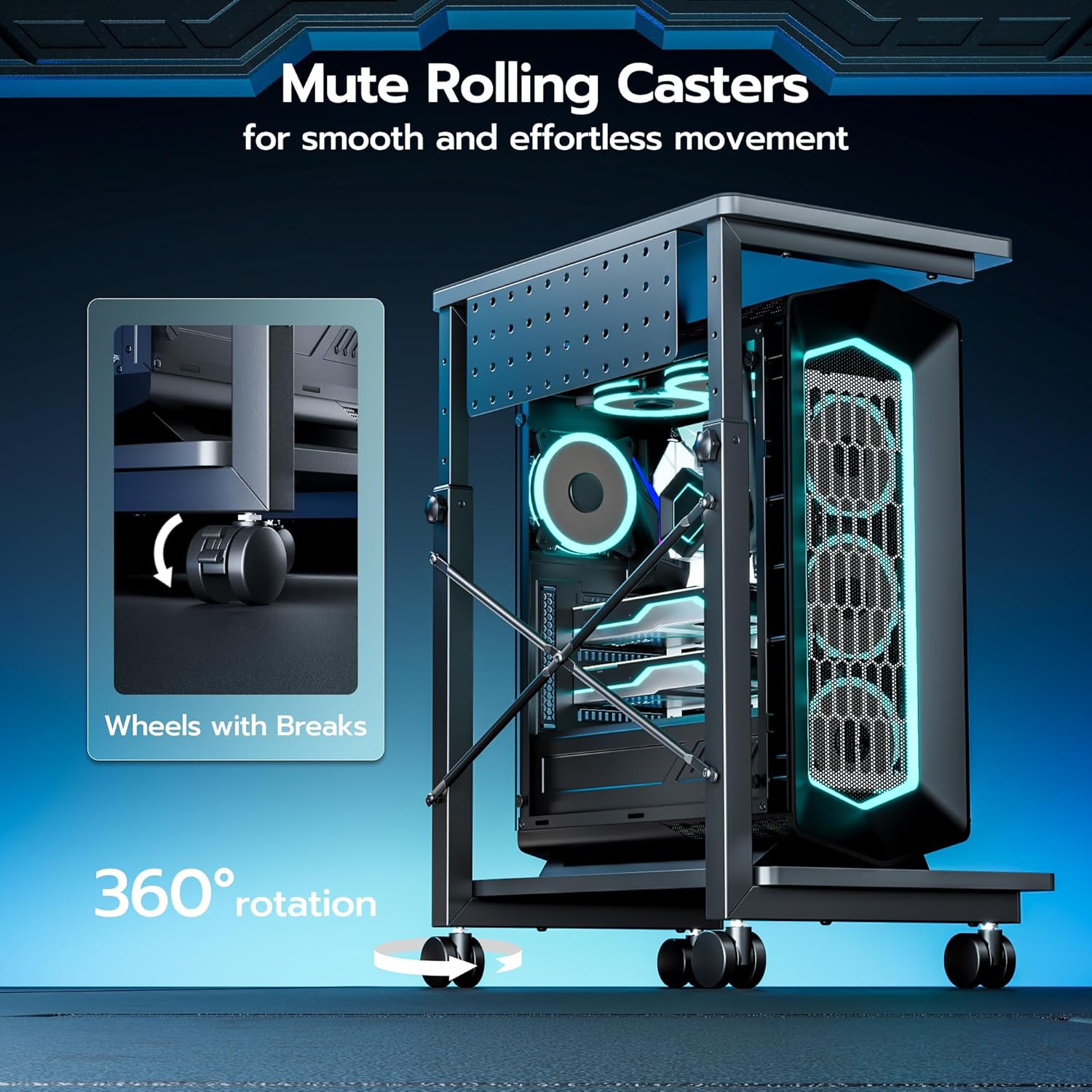 ARES WING Height Adjustable Computer Tower Stand, 2-Tier PC Tower Stand for Most PC, CPU Holder Cart with Locking Wheels for Gaming Home Office, 21.7