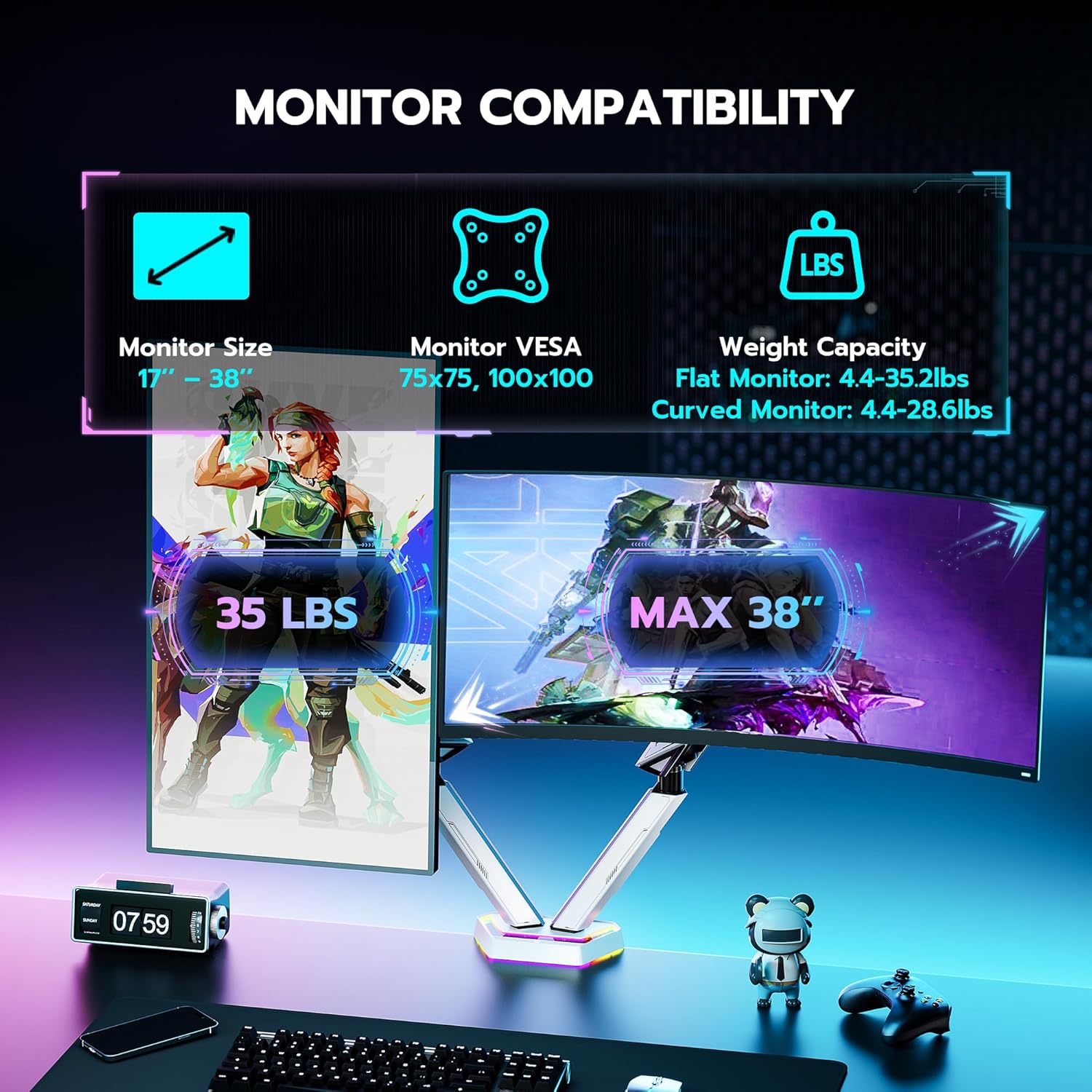 ARES WING RGB Dual Monitor Arm for 17-38