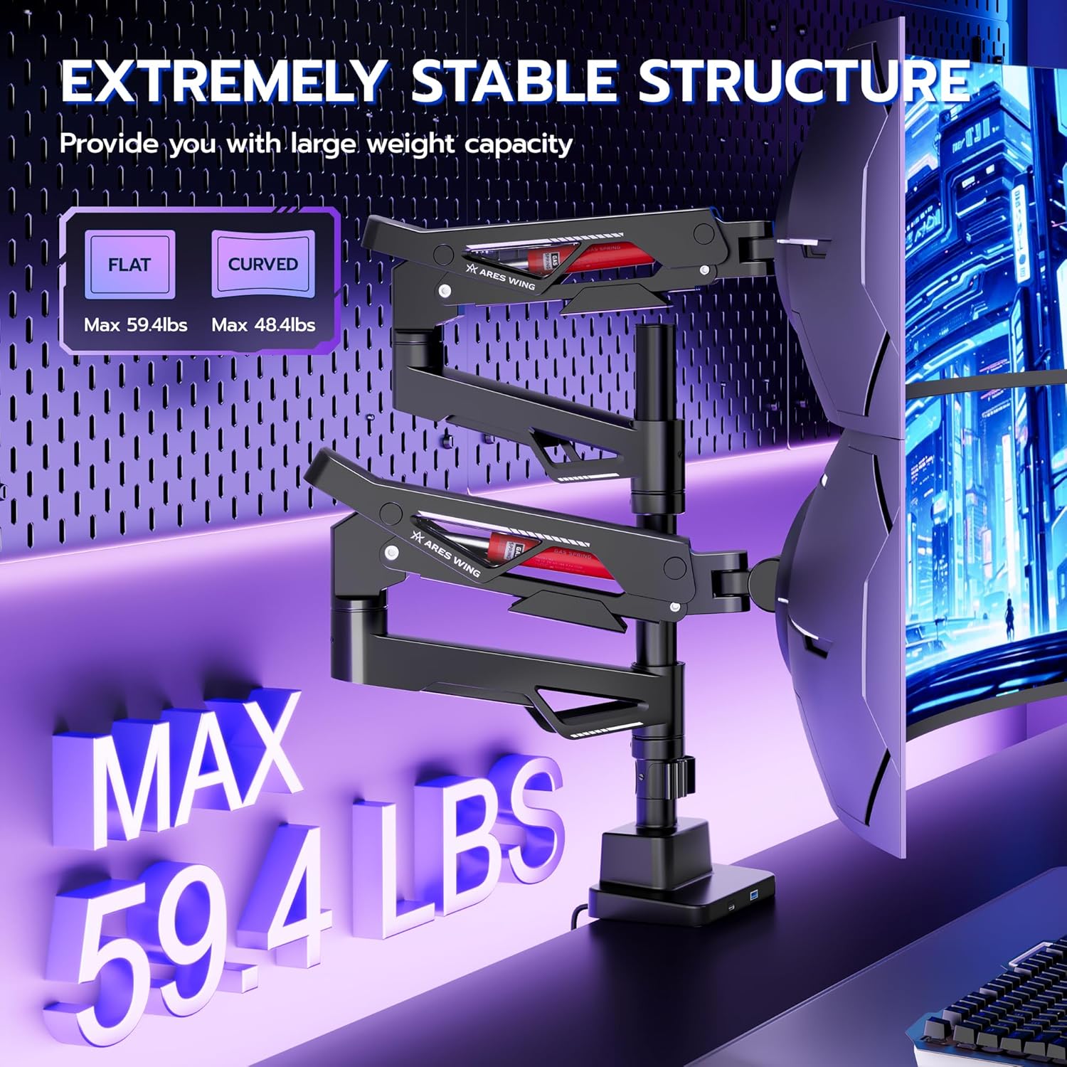 ARES WING Premium Monitor Arm, Ultrawide Monitor Stand up to 57'' and 60 Lbs per Screen, Heavy Duty Gas Sprinq Dual Monitor Mount Adjustable Arms with USB, Various VESA Mount with Clamp/Grommet Base