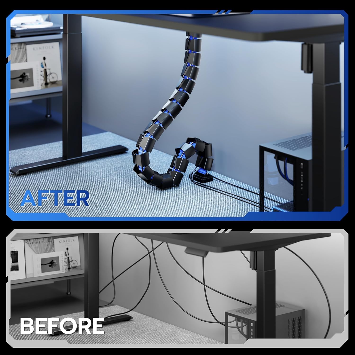 ARES WING Under Desk Cable Management Spine, Clamp On Vertebrae Cable Management for Standing Desk, Length Adjustable Cord Organizer with 20 Modular Vertebrae for Office and Gaming Desks, Blue