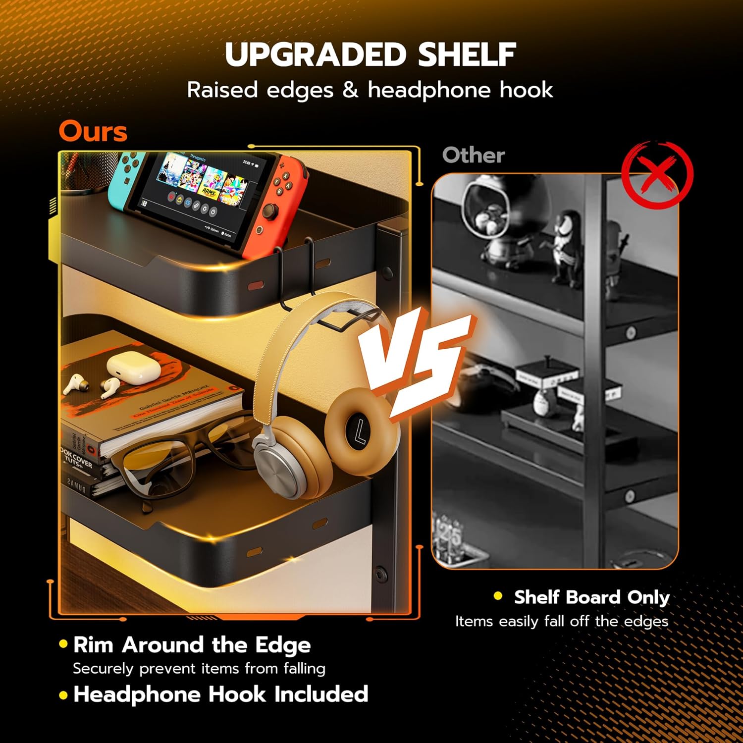 ARES WING 2-Tier Clamp On Desk Shelf, 16 inch Adjustable Above or Under Desk Storage Shelves Holds 44 lbs, Heavy Duty Desktop Organizer with Headphone Holder for Working and Gaming Accessories, Black