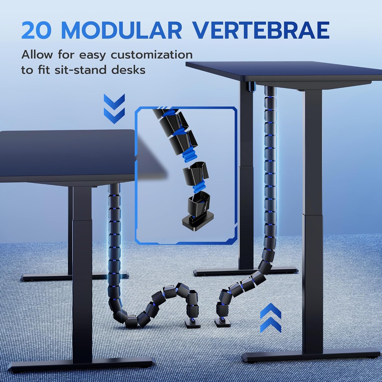 ARES WING Under Desk Cable Management Spine, Magnetic Vertebrae Cable Management for Standing Desk, Length Adjustable Cord Organizer with 20 Modular Vertebrae for Office and Gaming Desks, Blue