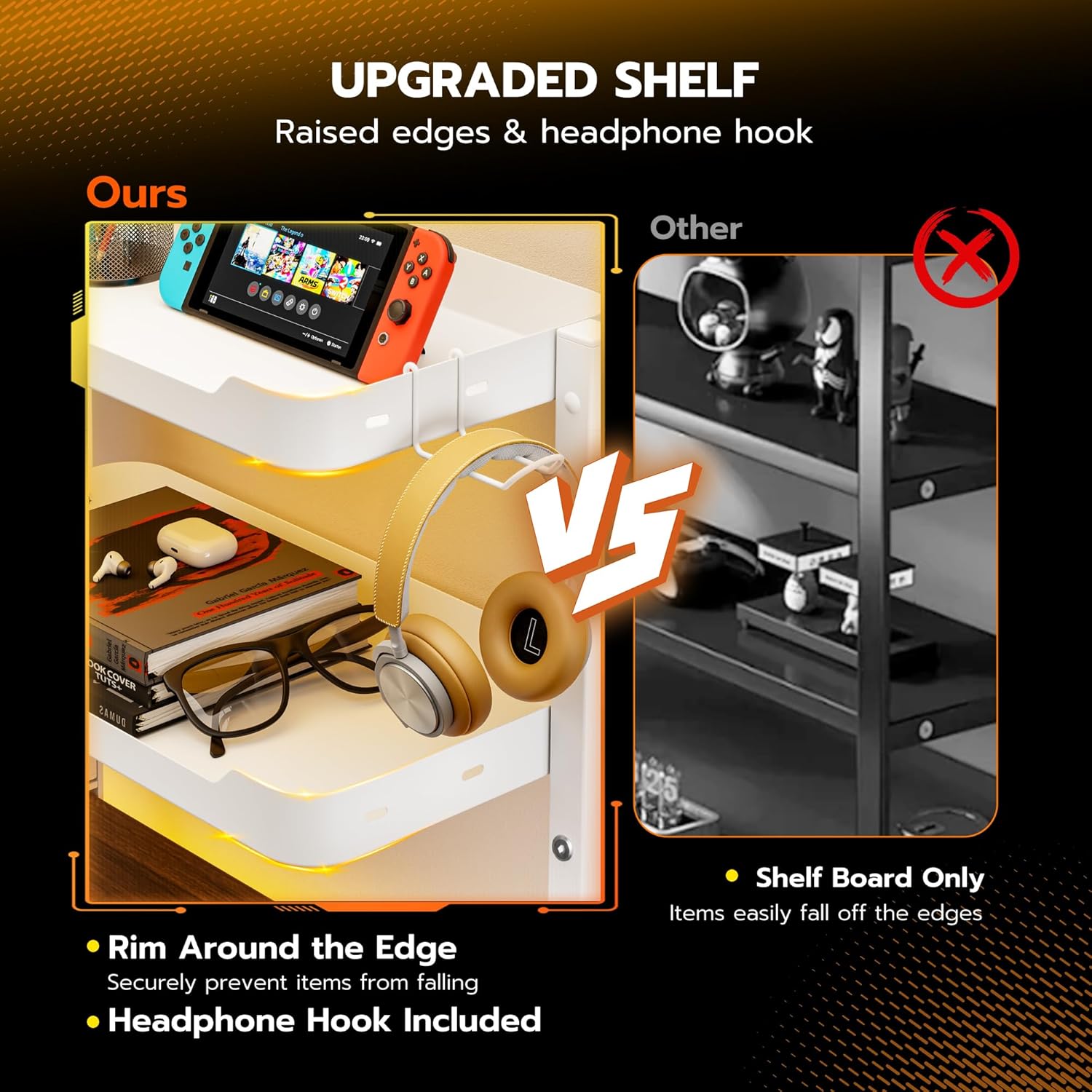 ARES WING 2-Tier Clamp On Desk Shelf, 16 inch Adjustable Above or Under Desk Storage Shelves Holds 44 lbs, Heavy Duty Desktop Organizer with Headphone Holder for Working and Gaming Accessories, White