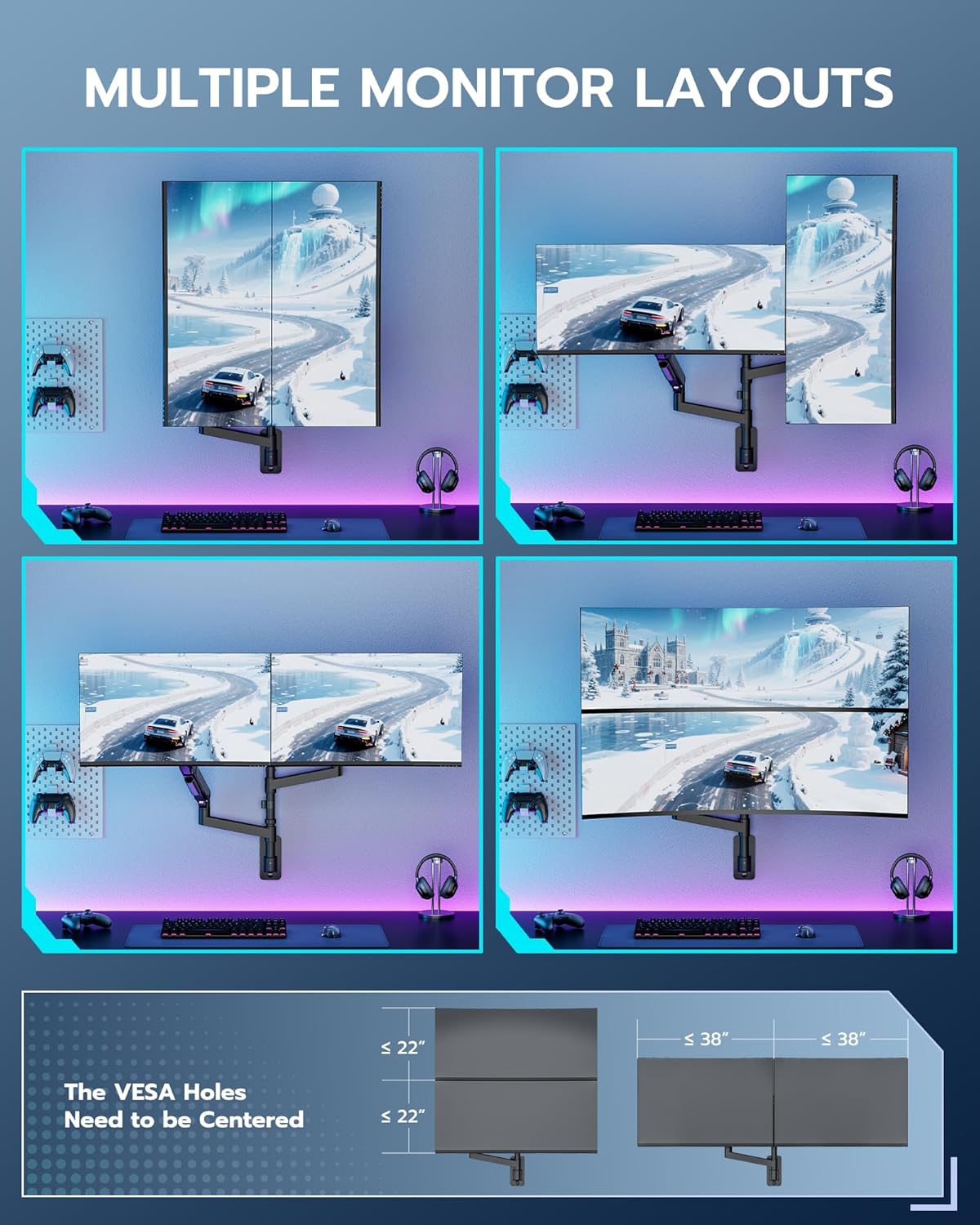 ARES WING Dual Monitor Wall Mount for 24-57 Inch Ultrawide Screens, Premium Heavy Duty Monitor Arm Holds 60 lbs, Full Motion Gas Spring, Bearing Head for Easy Adjustment, 75/100 VESA Mount, Black