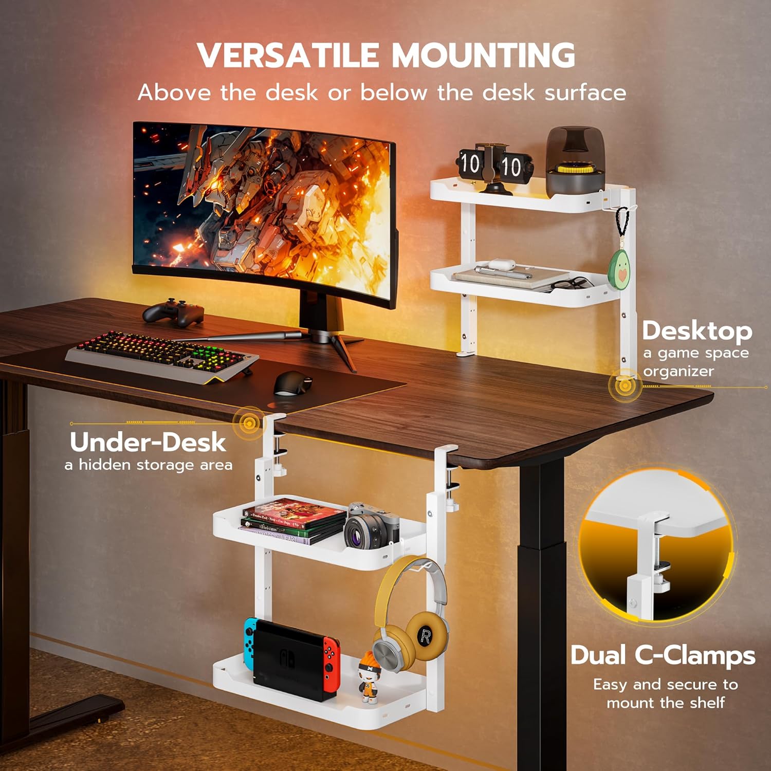 ARES WING 2-Tier Clamp On Desk Shelf, 16 inch Adjustable Above or Under Desk Storage Shelves Holds 44 lbs, Heavy Duty Desktop Organizer with Headphone Holder for Working and Gaming Accessories, White