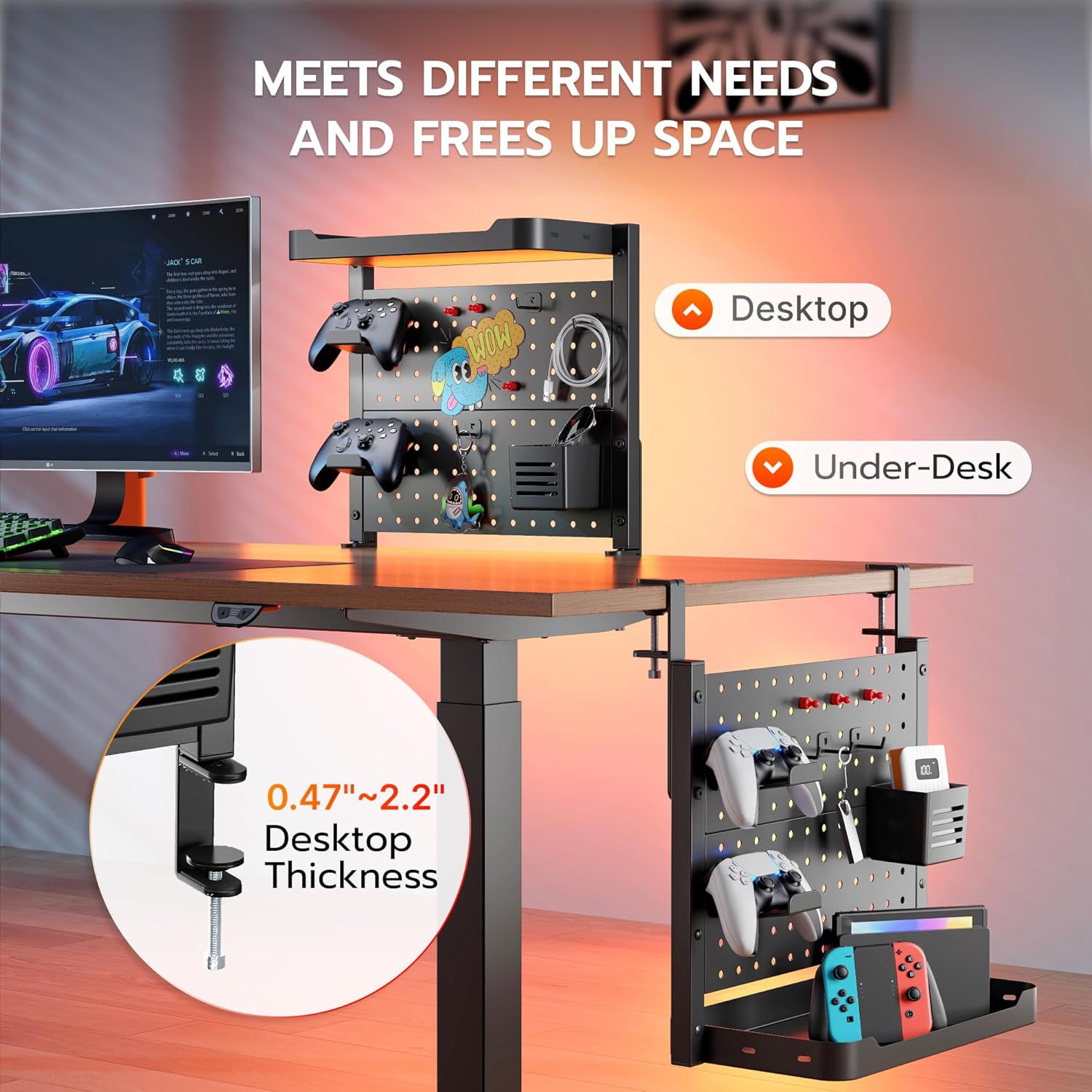 ARES WING Desk Clamp On Pegboard with 16 inches Organizer Shelf, Adjustable Above or Under Desk Storage Shelf Holds 44 lbs, Magnetic Metal Peg Board for Office and Gaming Accessories, Black