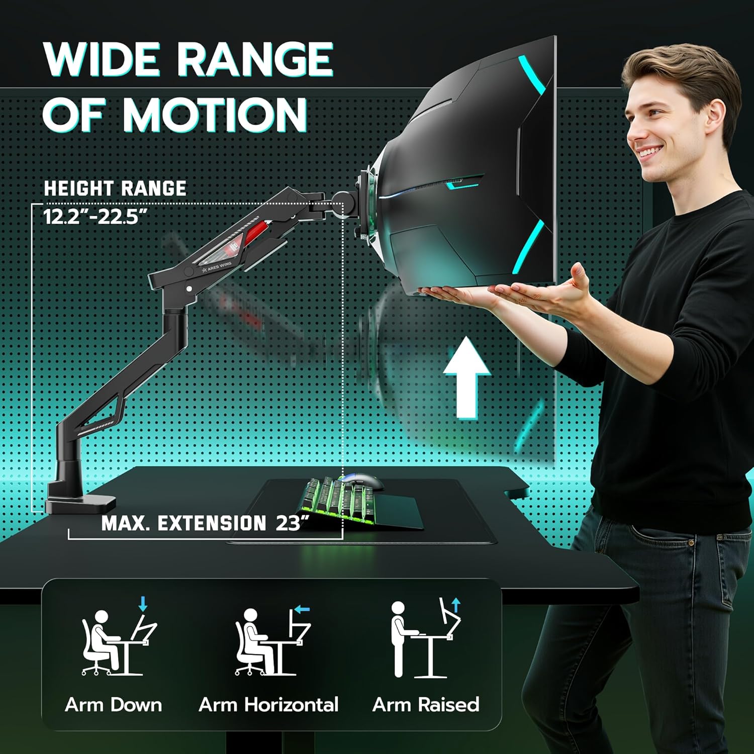 ARES WING Premium Monitor Arm, Ultrawide Monitor Stand up to 57” and 66 Lbs, Gas Sprinq Monitor Mount Height Adjustable and Extension Monitor Stand for Desk Various VESA Mount with Clamp/Grommet Base