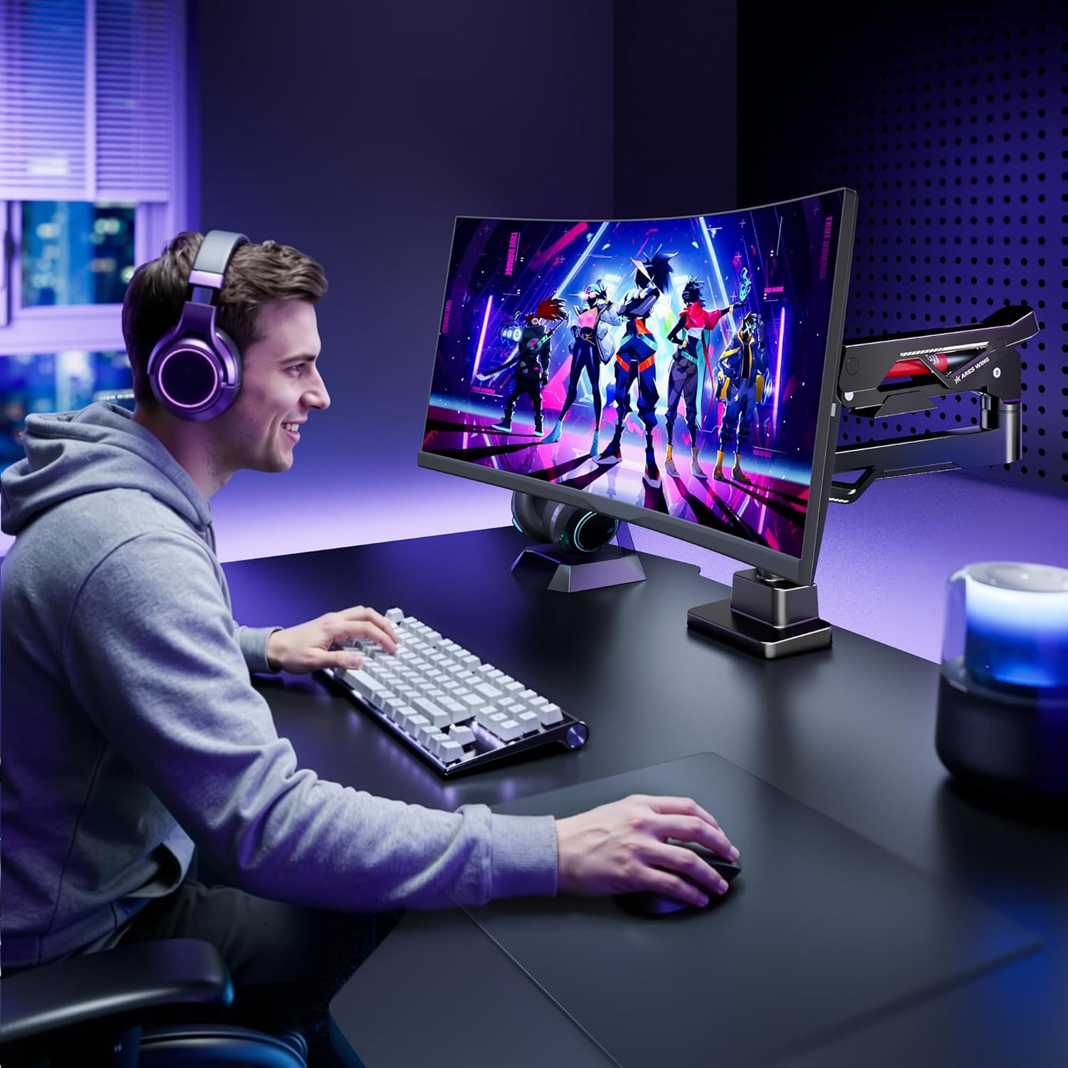 ARES WING Heavy Duty Monitor Arm, Ultrawide Monitor Stand up to 57” and 66 Lbs, Gas Sprinq Monitor Mount Height Adjustable Arms Monitor Stand for Desk Various VESA Mount with Clamp/Grommet Base