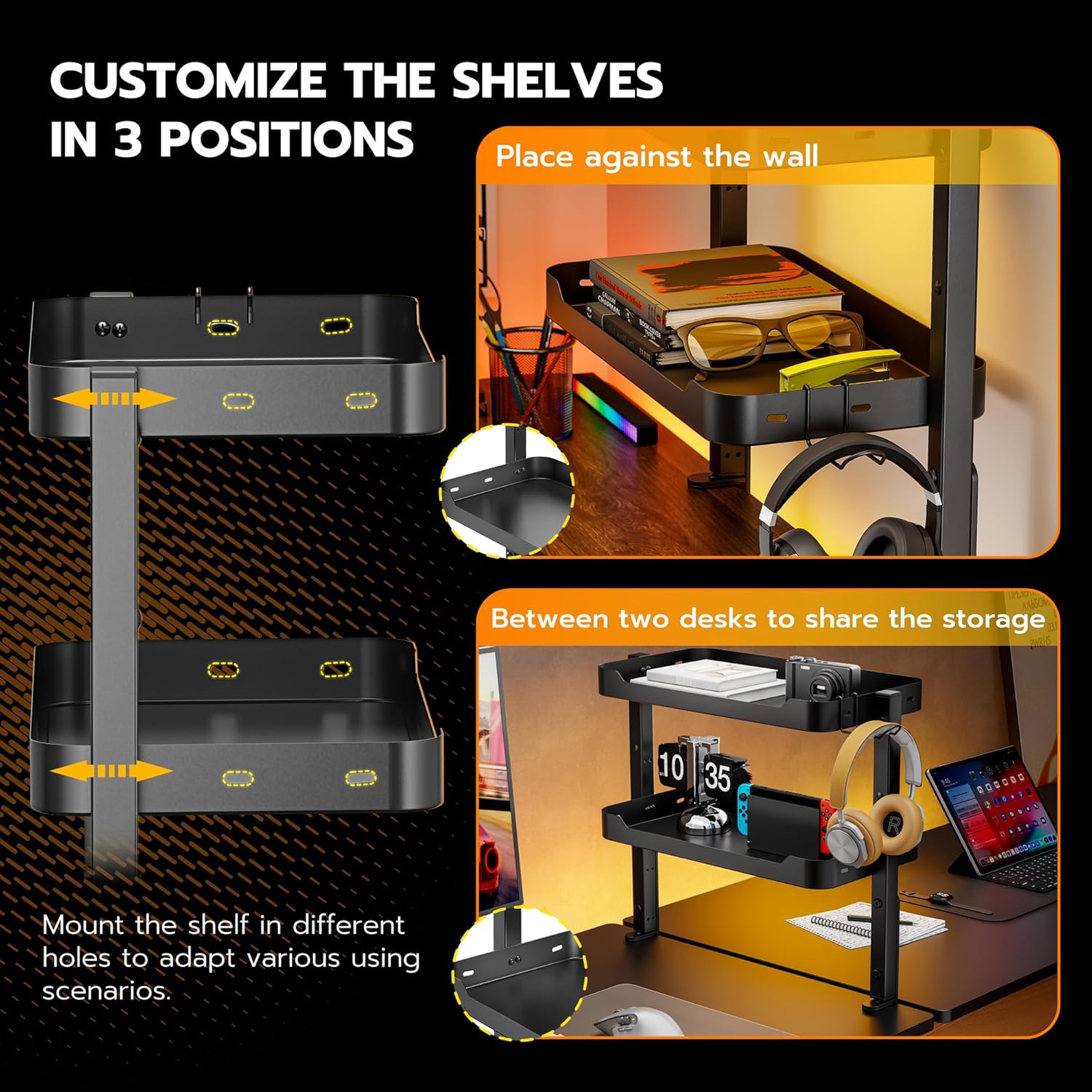 ARES WING 2-Tier Clamp On Desk Shelf, 16 inch Adjustable Above or Under Desk Storage Shelves Holds 44 lbs, Heavy Duty Desktop Organizer with Headphone Holder for Working and Gaming Accessories, Black