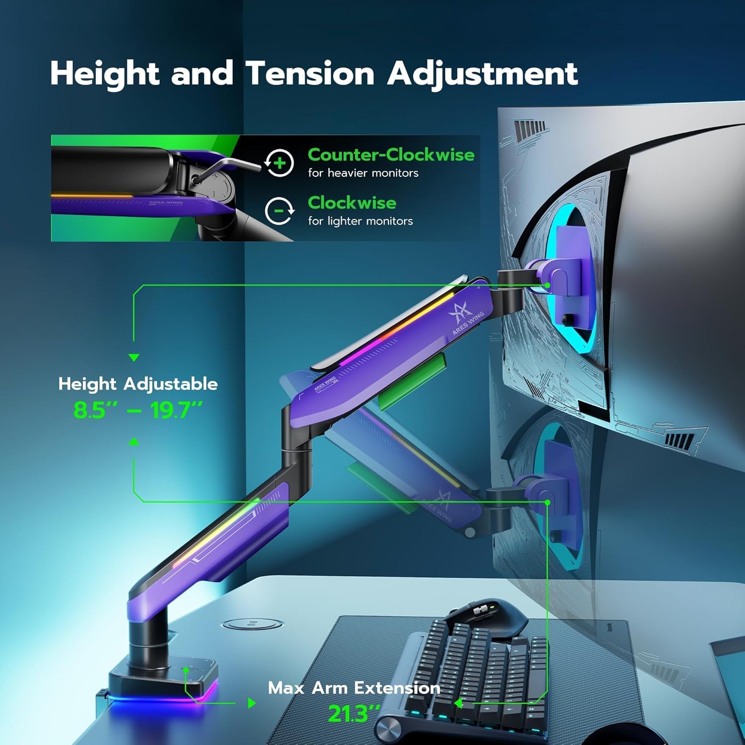Ares Wing RGB Heavy Duty Monitor Arm for 17 to 49 Inch, up to 44 lbs, Ultrawide Curved Monitor Mount with Gas Spring for Desk, Purple, for Gaming