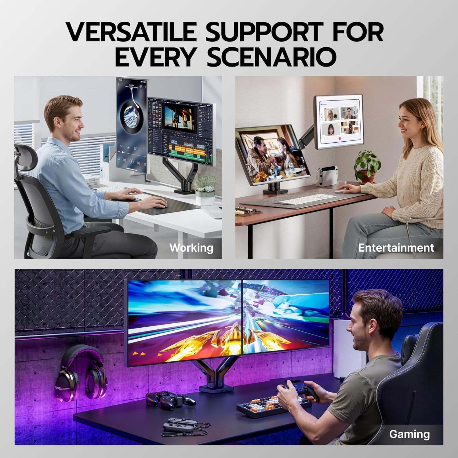 ARES WING Dual Monitor Mount, Heavy Duty Monitor Arms for 2 Monitors for 17-35 inch, Fully Adjustable Monitor Desk Stand Ultrawide Screen, VESA 75x75 or 100x100mm, Black