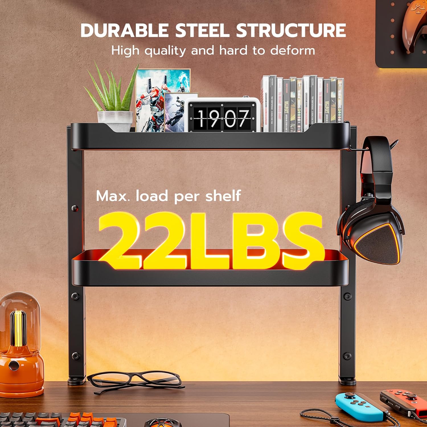 ARES WING 2-Tier Clamp On Desk Shelf, 16 inch Adjustable Above or Under Desk Storage Shelves Holds 44 lbs, Heavy Duty Desktop Organizer with Headphone Holder for Working and Gaming Accessories, Black