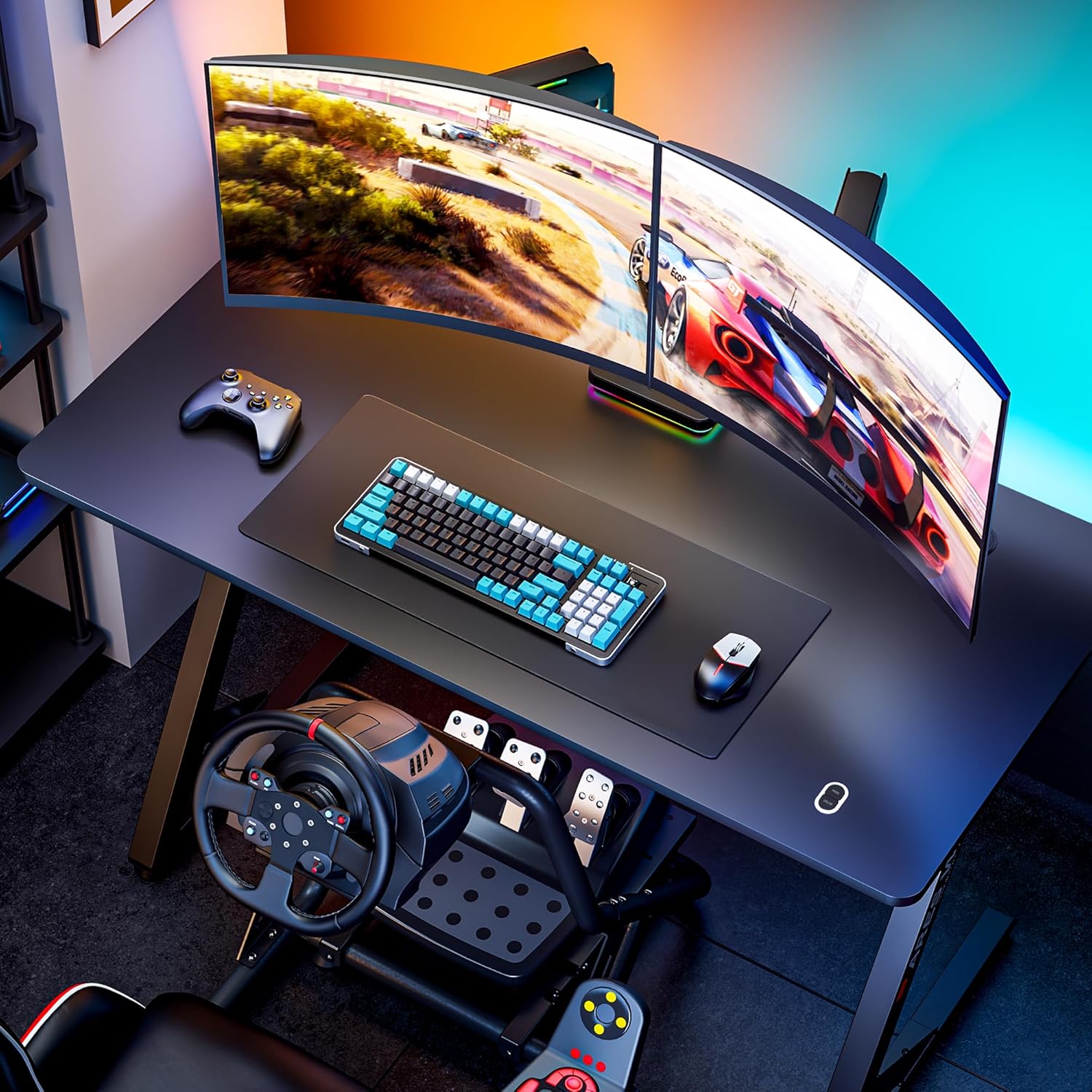 ARES WING 47 Inch Gaming Desk, Ergonomic Computer Desk with LED Light and DIY Control Cable, Gaming Table Carbon Fiber Surface for Home and Office, Black