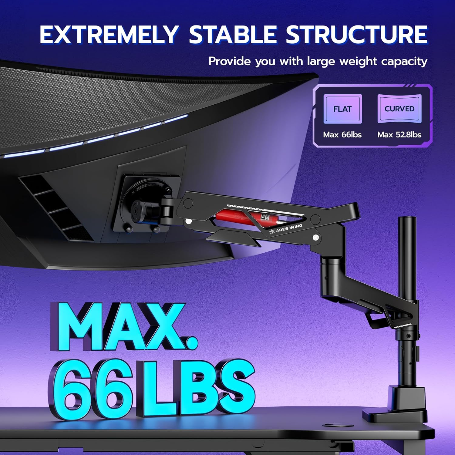 ARES WING Heavy Duty Monitor Arm, Ultrawide Monitor Stand up to 57” and 66 Lbs, Gas Sprinq Monitor Mount Height Adjustable Arms Monitor Stand for Desk Various VESA Mount with Clamp/Grommet Base