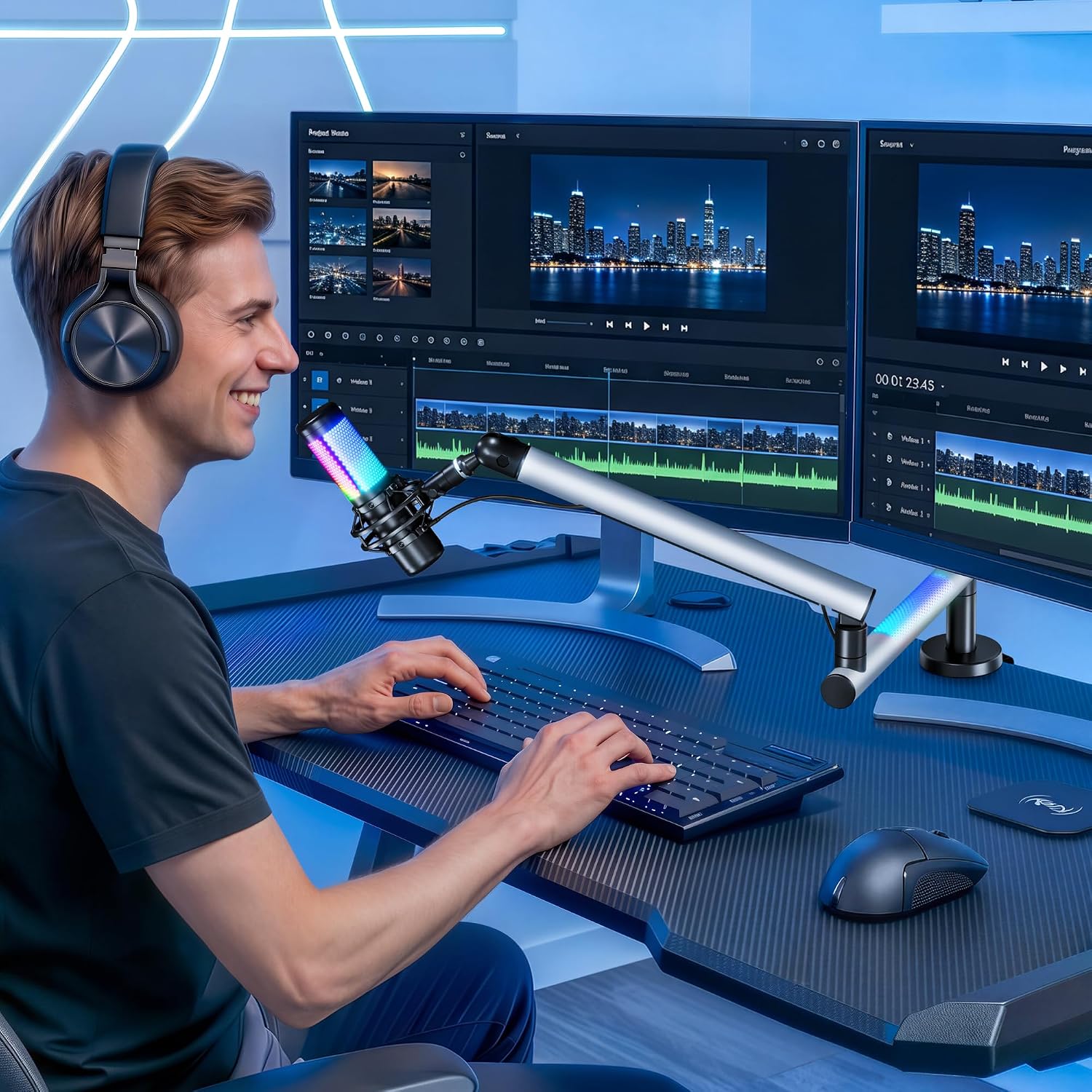 ARES WING Aluminum Low Profile Mic Arm with RGB Light, Adjustable Microphone Boom Arm with 4.4 lbs Load Capacity, 3/8” to 5/8” Screw Adapter, Desk Mount Mic Stand for Gaming Streaming Podcasting