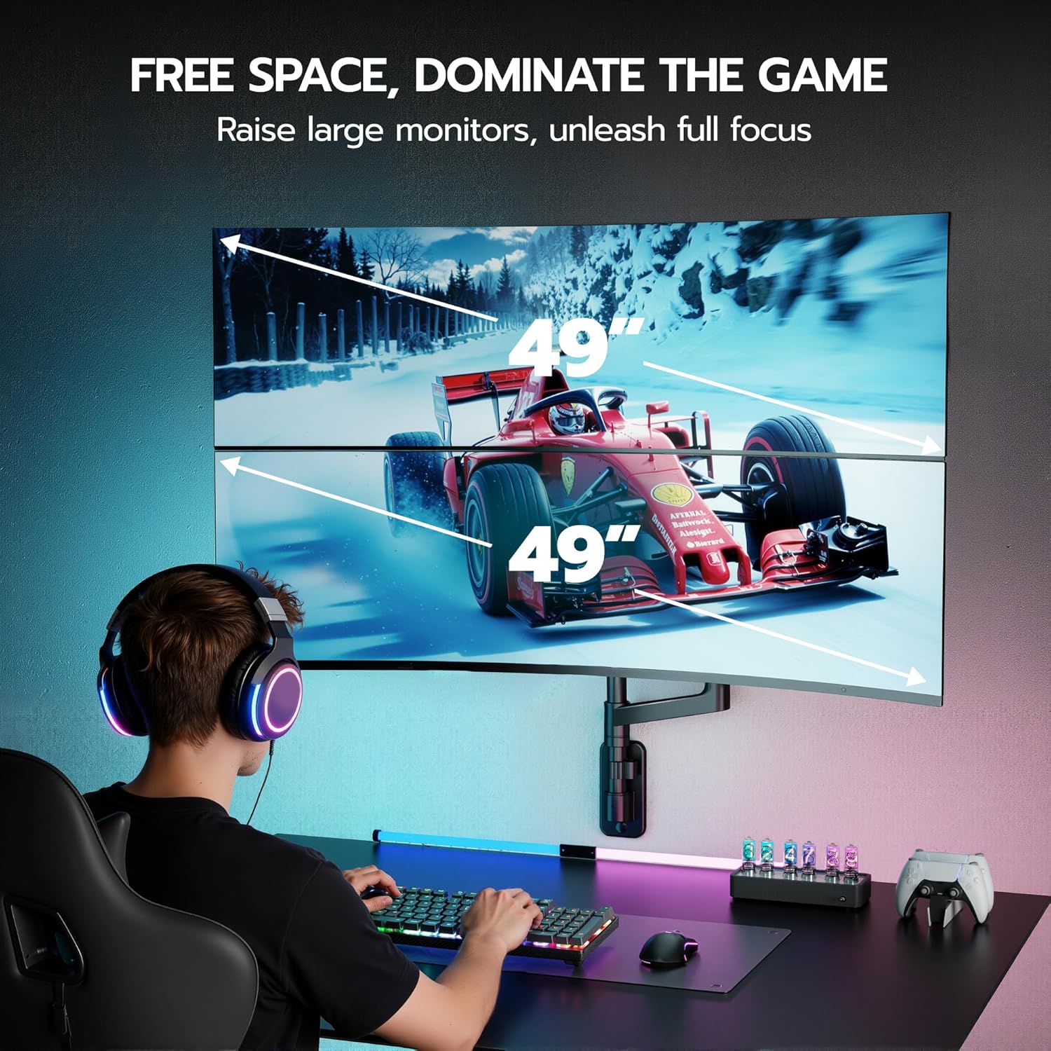 ARES WING Dual Monitor Wall Mount for 17-49 Inch Ultrawide Screens, Heavy Duty Wall Mount Monitor Arm Holds 44 lbs Each, Fully Adjustable Gas Spring Monitor Arm, 75x75/100x100 VESA Mount, Black