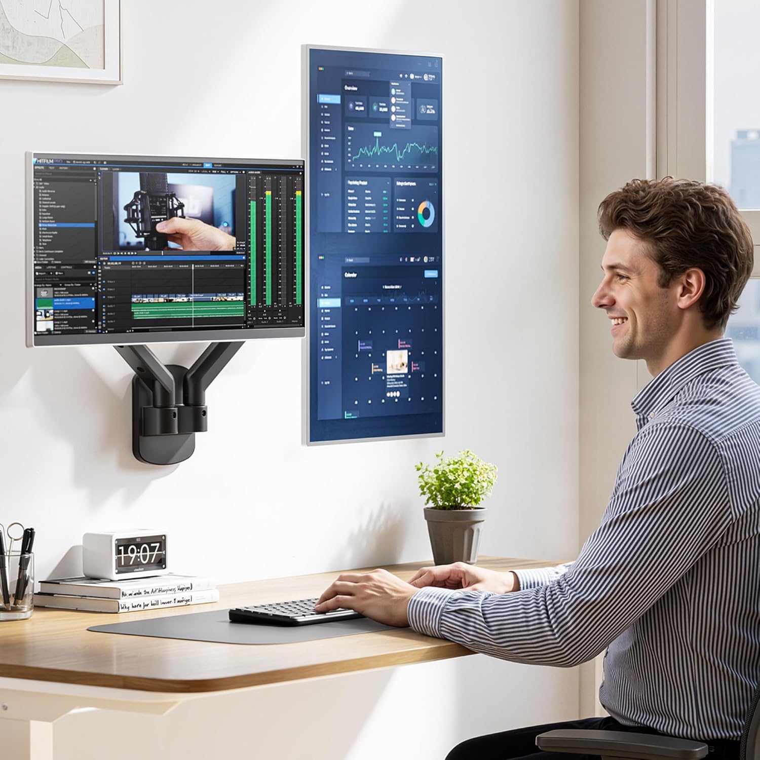 ARES WING Dual Monitor Wall Mount for 17-35 Inch Ultrawide Screens, Heavy Duty Monitor Arm Up to 26.4 lbs, Fully Adjustable Wall Mount, VESA 75x75/100x100 Compatible, Black