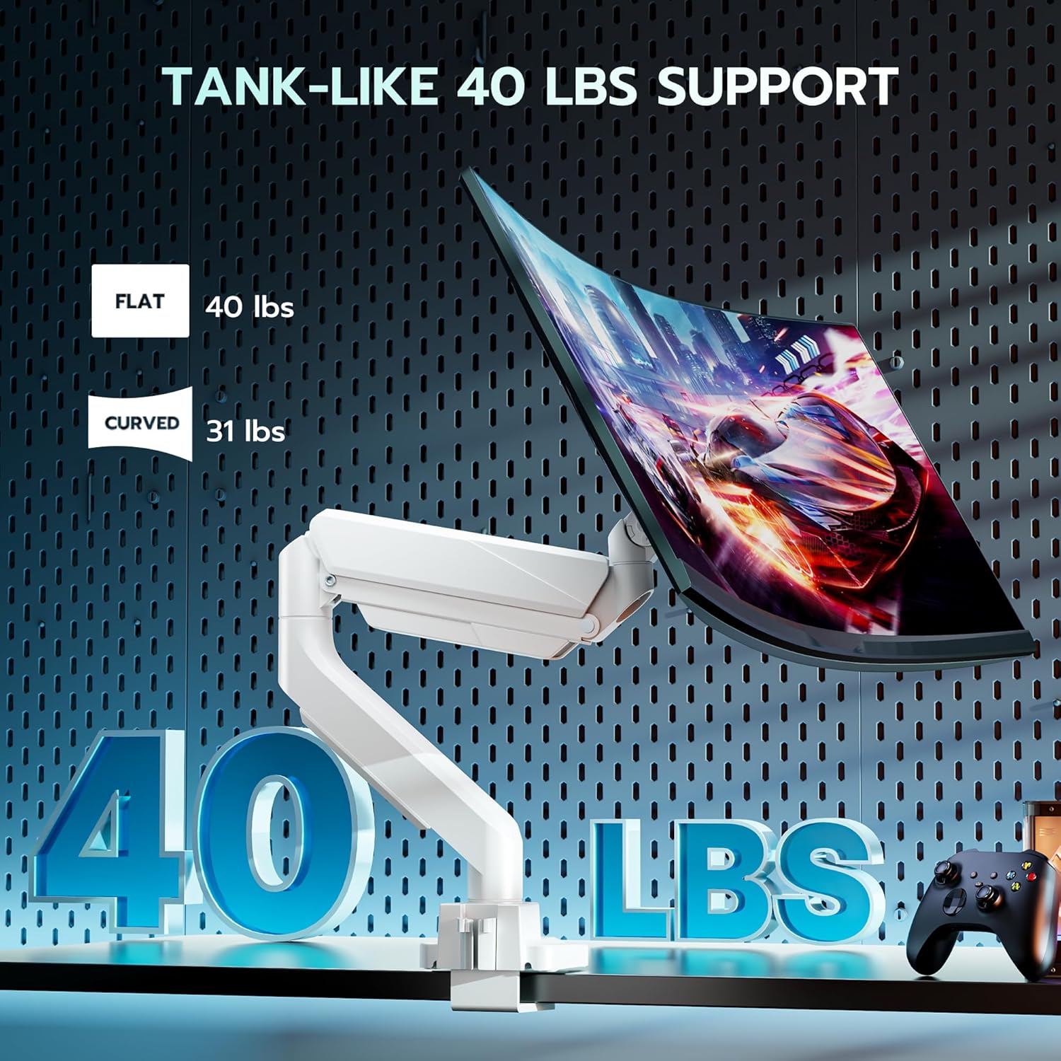 ARES WING Single Monitor Arm, Heavy Duty Adjustable Monitor Arm for 13"-49" Screens with USB, Gas Spring Desk Mount Stand with C Clamp/Grommet Mounting Base up to 40lbs Computer, White