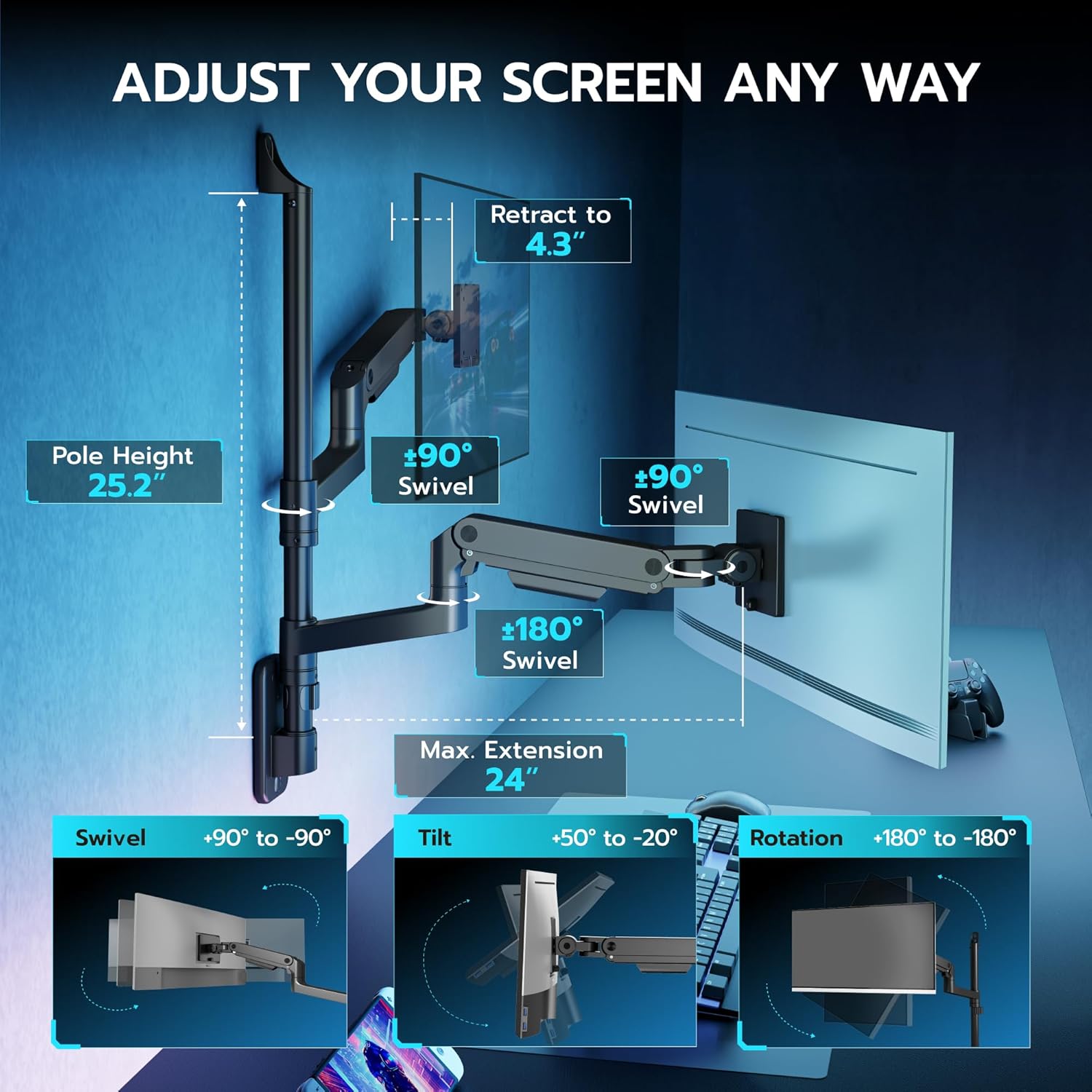 ARES WING Dual Monitor Wall Mount for 17-49 Inch Ultrawide Screens, Heavy Duty Wall Mount Monitor Arm Holds 44 lbs Each, Fully Adjustable Gas Spring Monitor Arm, 75x75/100x100 VESA Mount, Black