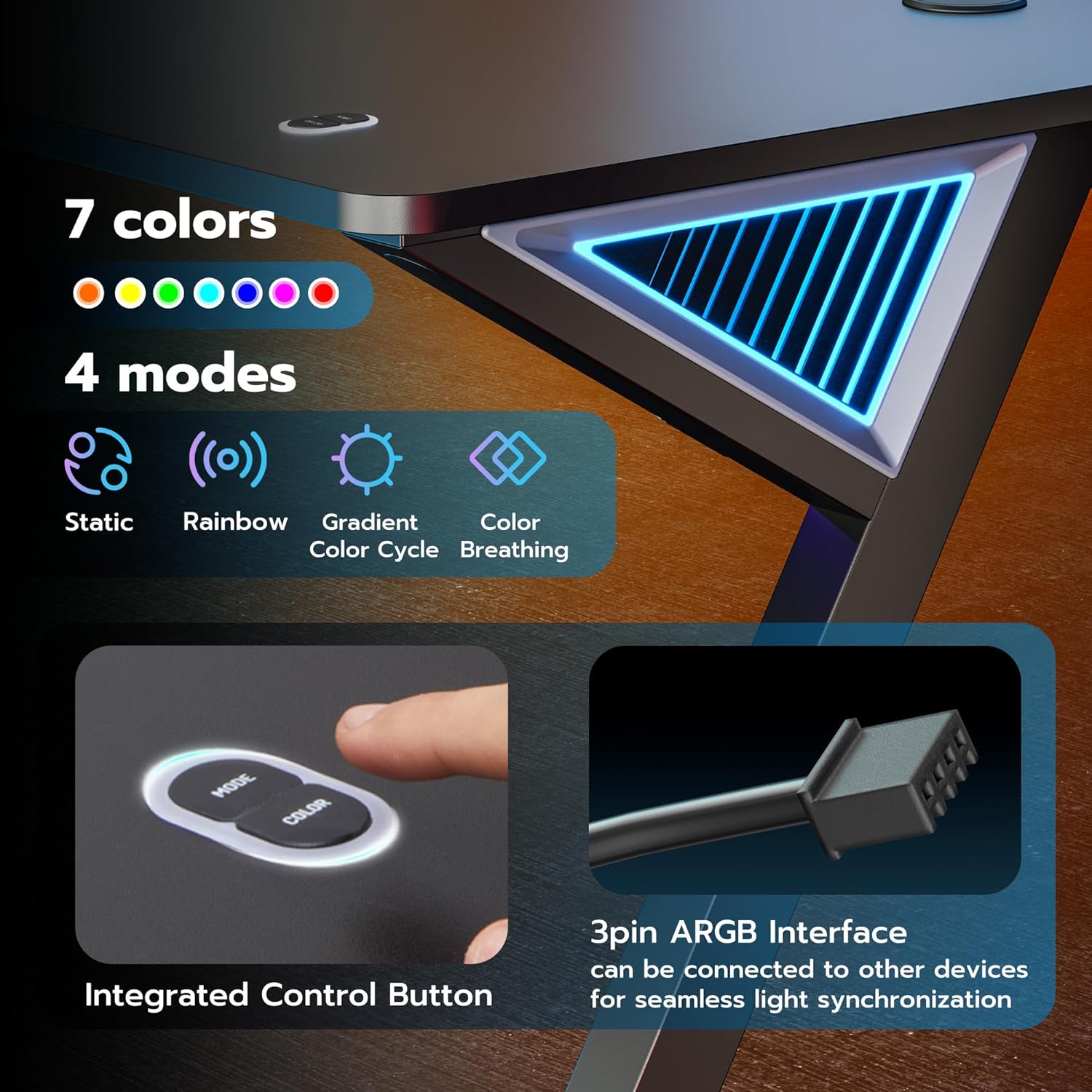 ARES WING 47 Inch Gaming Desk, Ergonomic Computer Desk with LED Light and DIY Control Cable, Gaming Table Carbon Fiber Surface for Home and Office, Black