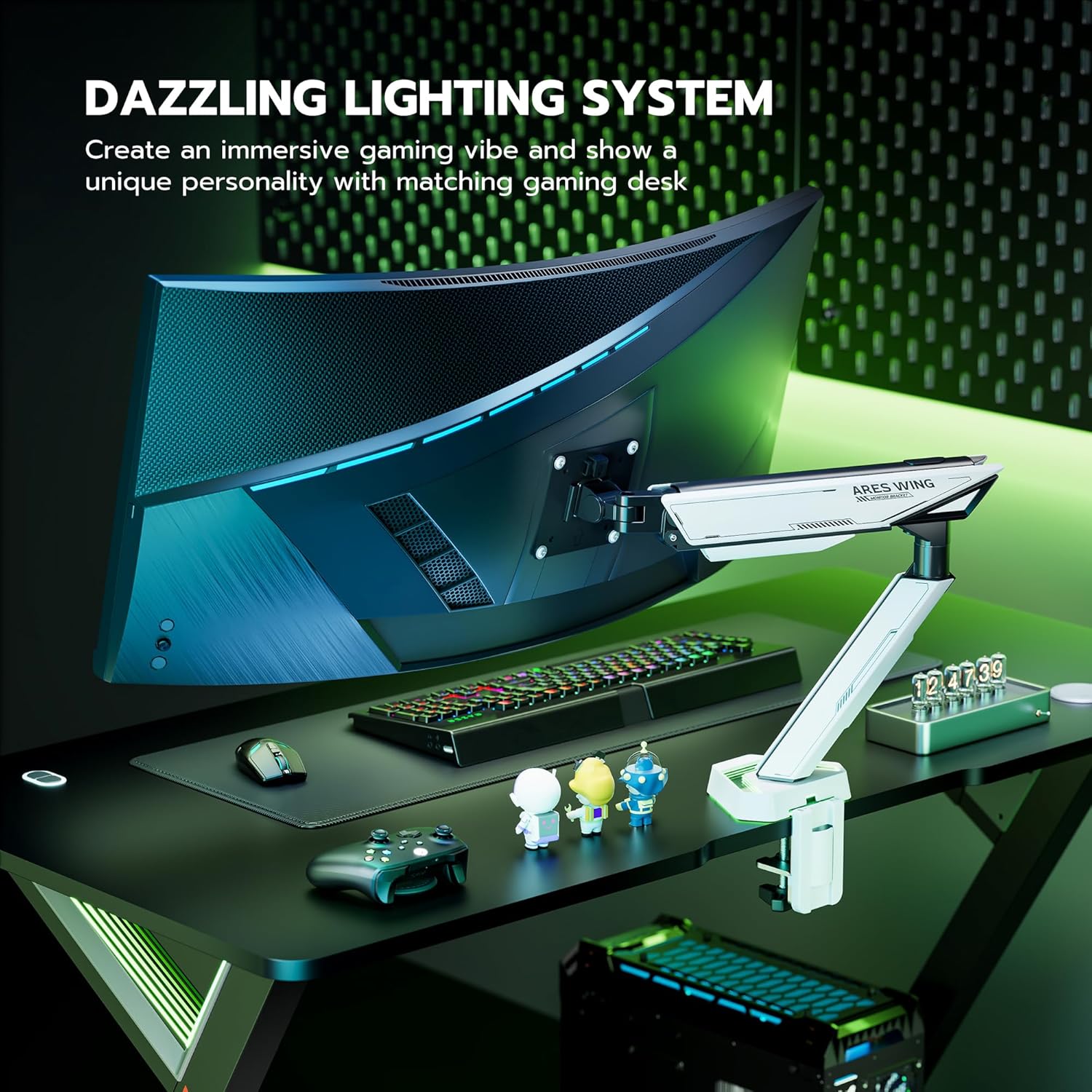 ARES WING RGB Single Monitor Arm Desk Mount for 17-45 inches Flat and Curved Monitors, Holds 35.2 lbs Heavy Duty, Adjustable Ultrawide Monitor Arm with Clamp & Grommet Base, 75/100 VESA Mount, White