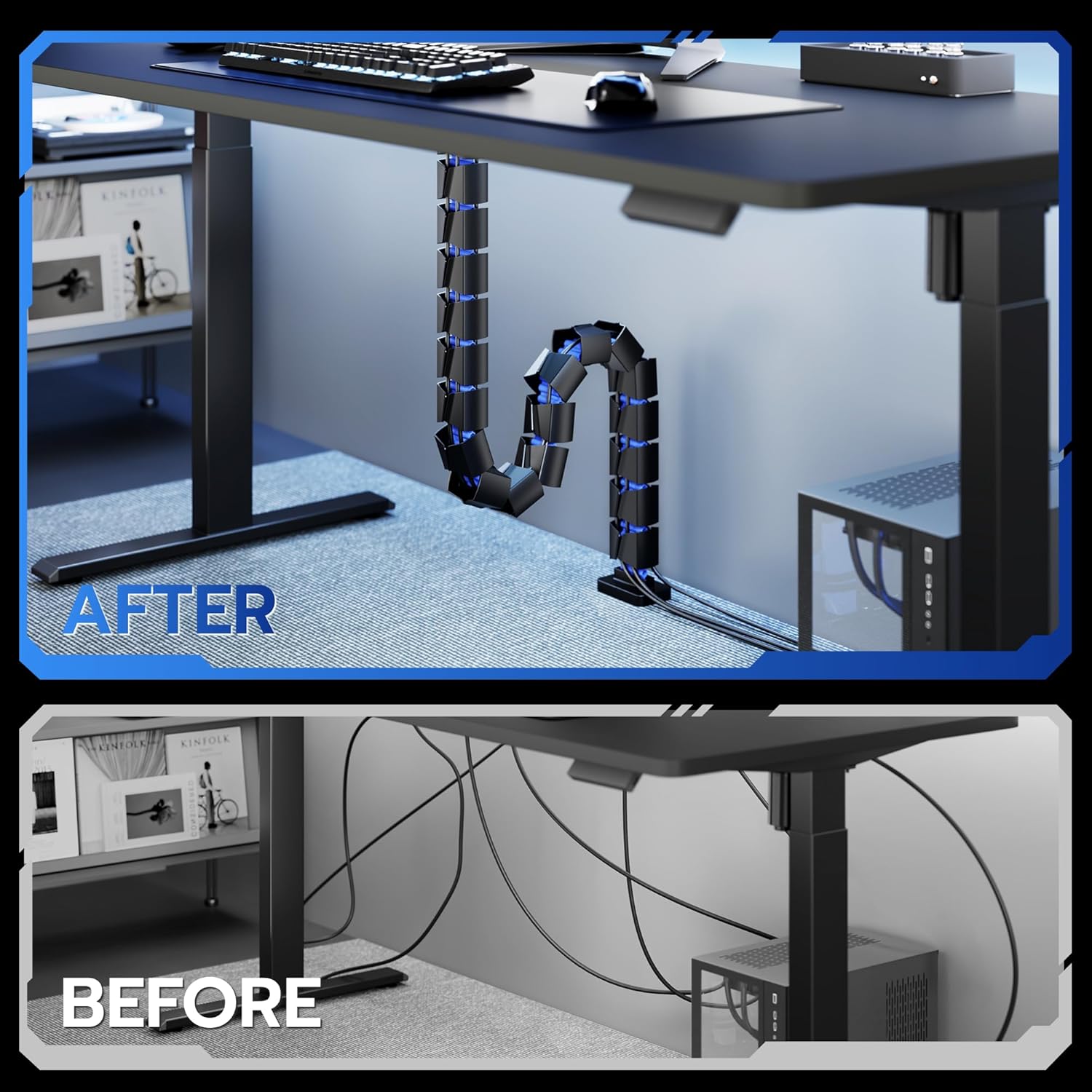 ARES WING Under Desk Cable Management Spine, Magnetic Vertebrae Cable Management for Standing Desk, Length Adjustable Cord Organizer with 20 Modular Vertebrae for Office and Gaming Desks, Blue