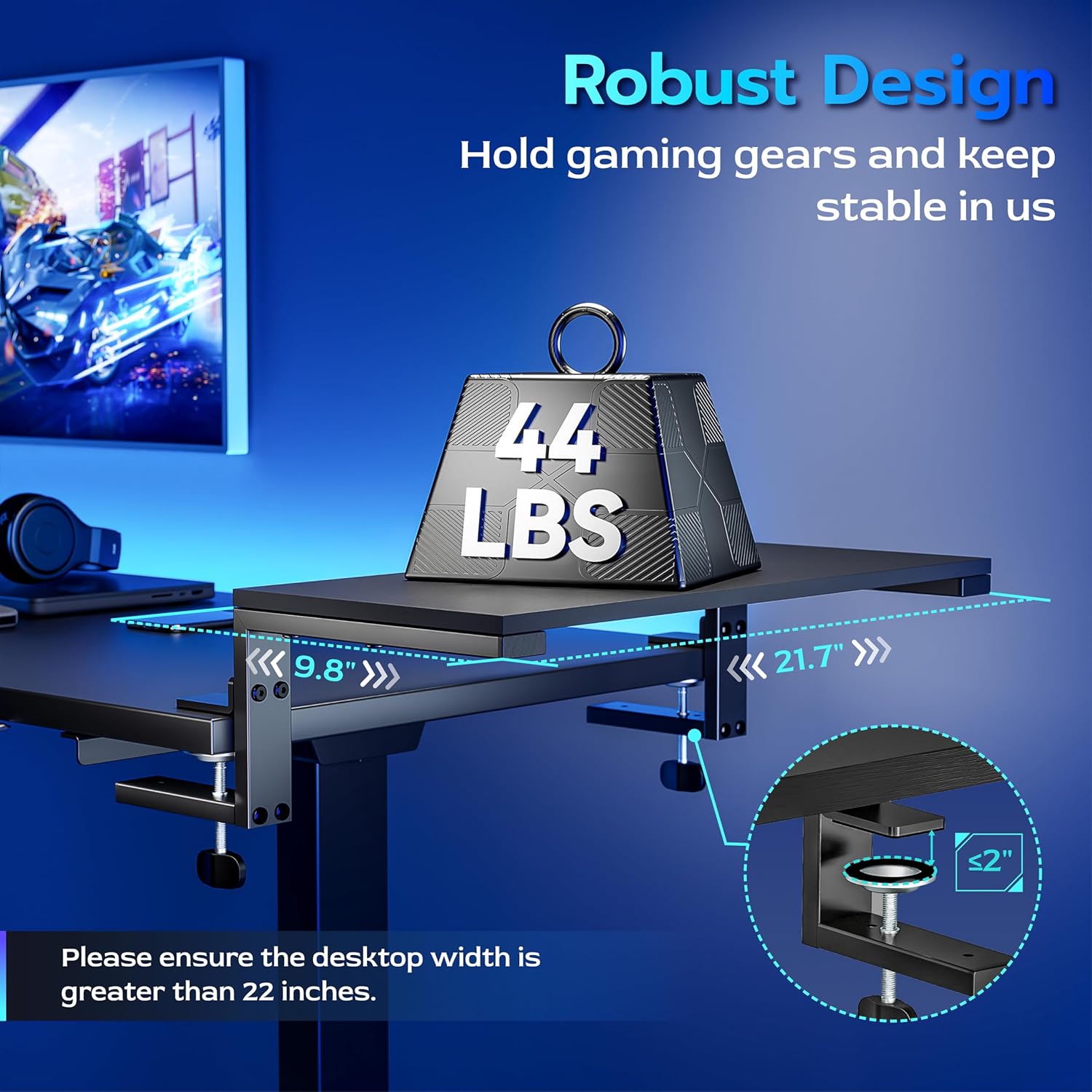 22 inches Desk Extender Shelf, 22"x 9.8" Versatile Clamp on Desk Shelf, Heavy Duty Desktop Organizer for Gaming and Office Accessories, Black