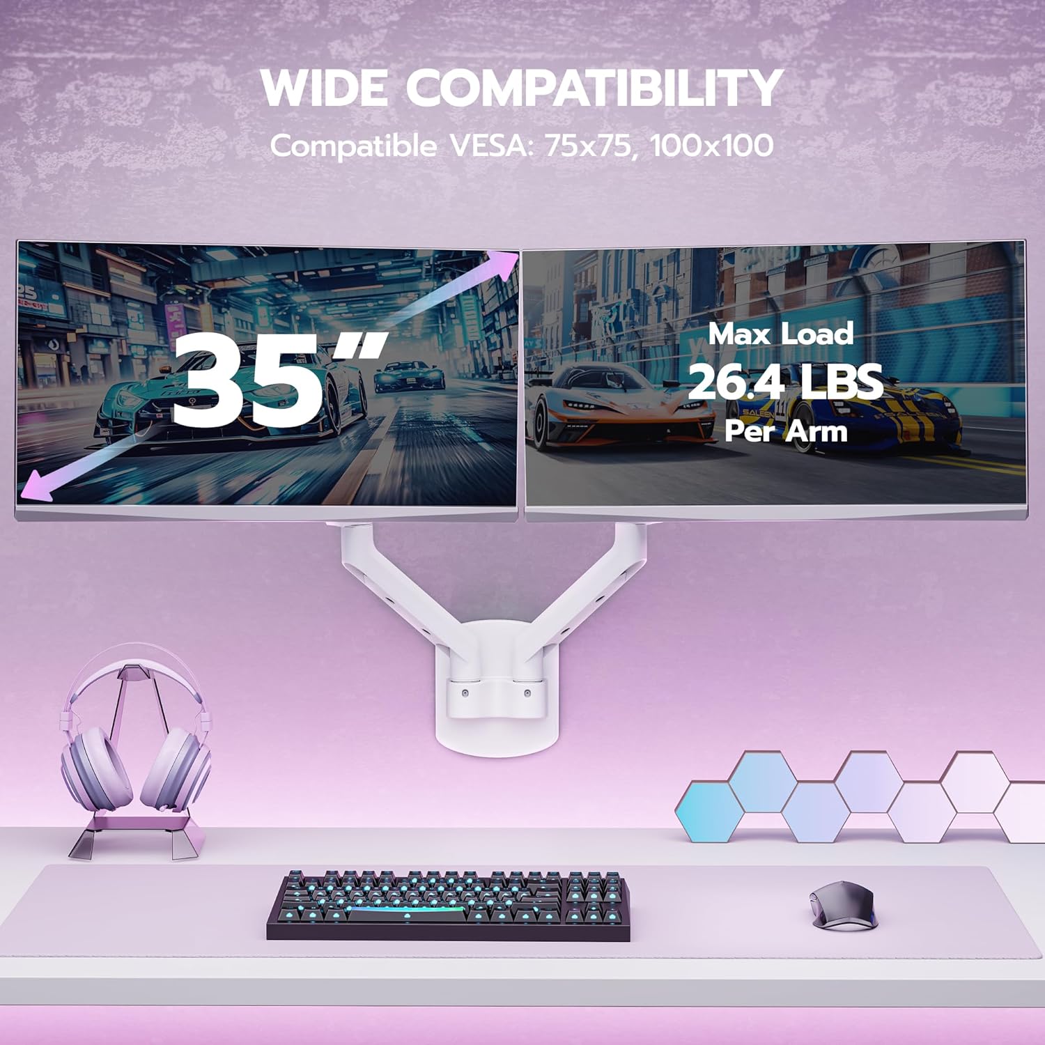ARES WING Dual Monitor Wall Mount for 17-35 Inch Ultrawide Screens, Heavy Duty Monitor Arm Up to 26.4 lbs, Fully Adjustable Wall Mount, VESA 75x75/100x100 Compatible, White