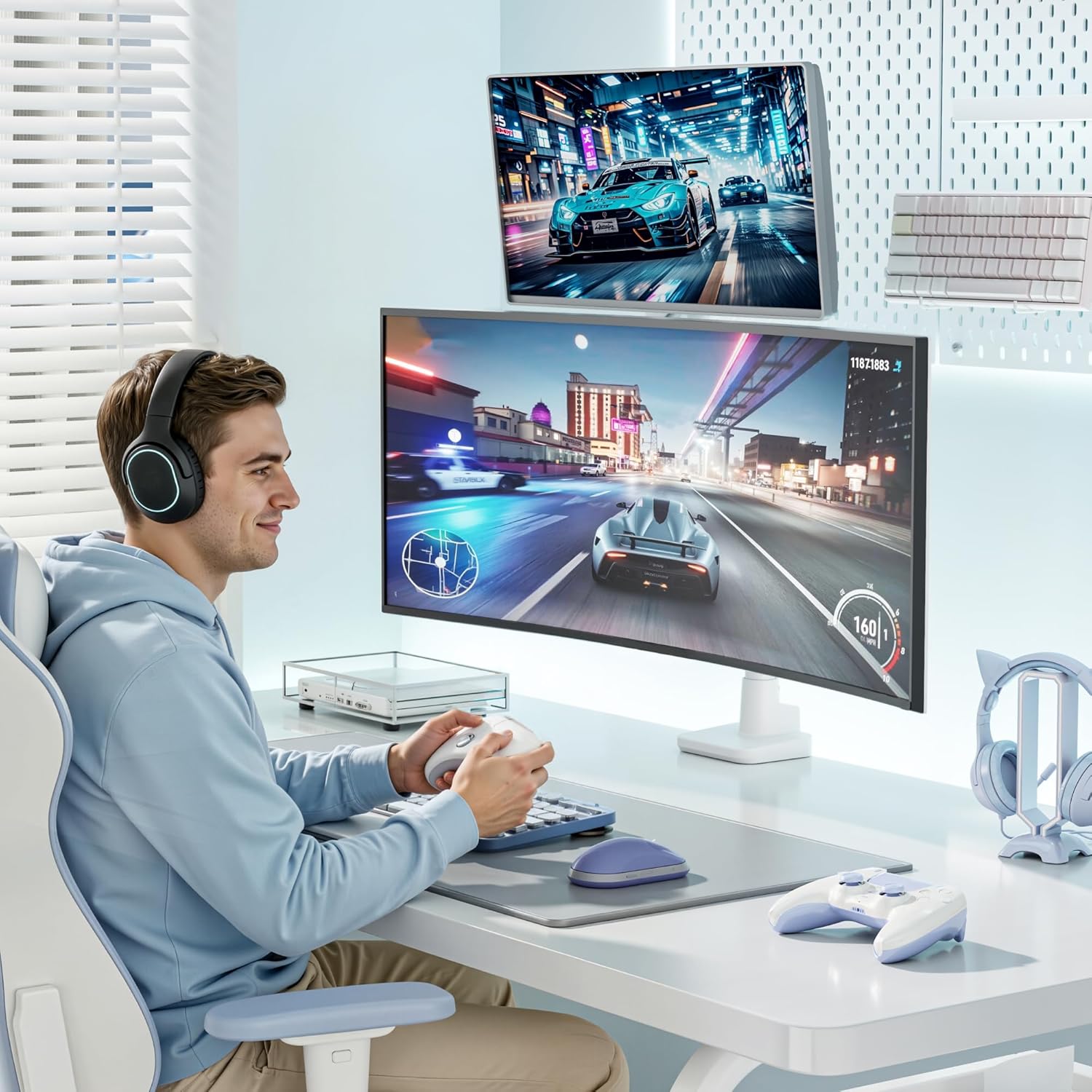 ARES WING Dual Monitor Mount for 17-49 Inch Ultrawide Heavy Duty Curved Screen, Computer Monitor Arm Desk Mount, Gas Spring Adjustable Dual Monitor Stand for Desk, White