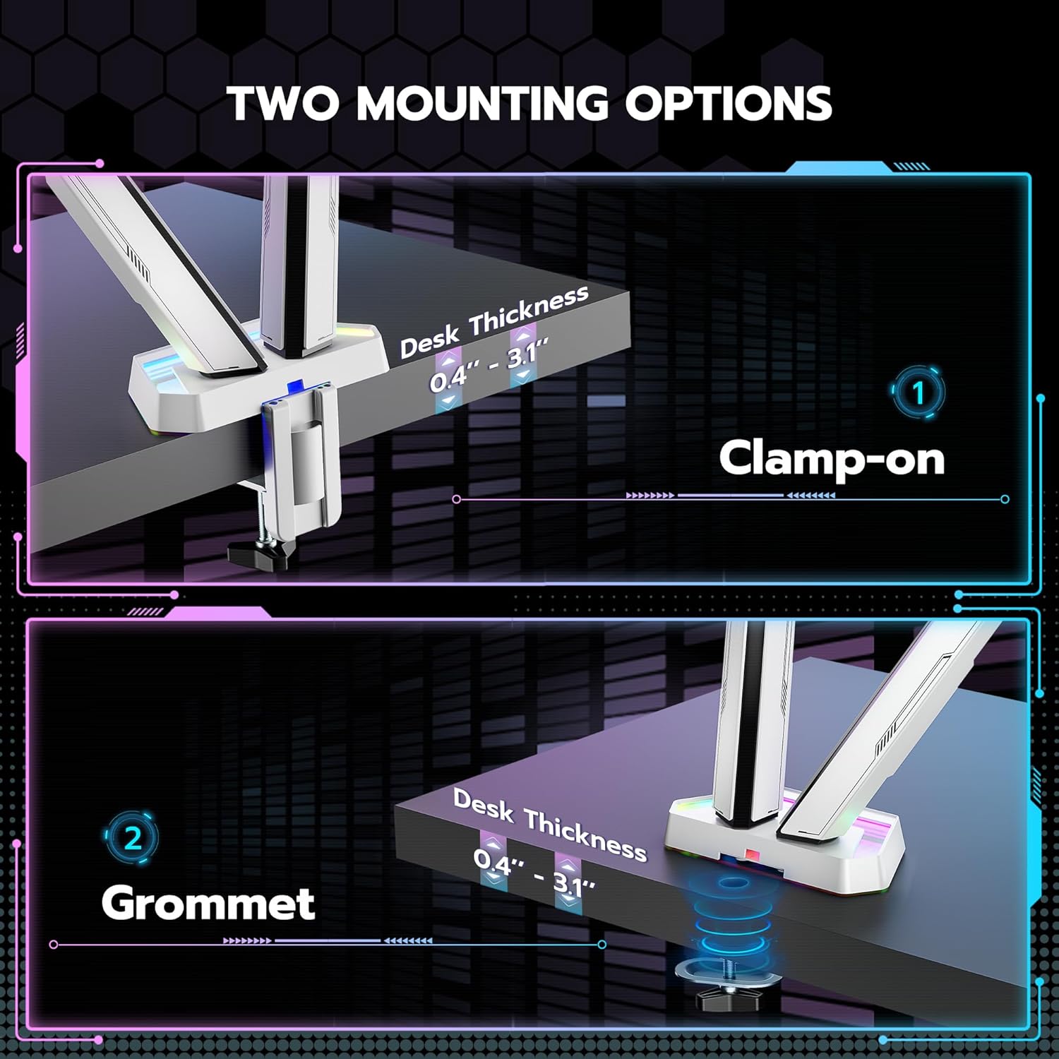 ARES WING RGB Dual Monitor Arm for 17-38" Ultrawide Screens, Holds 35.2lbs, Heavy Duty Dual Monitor Stand for Desk, Adjustable Double Monitor Mount with Clamp & Grommet Base, 75/100 VESA Mount, White