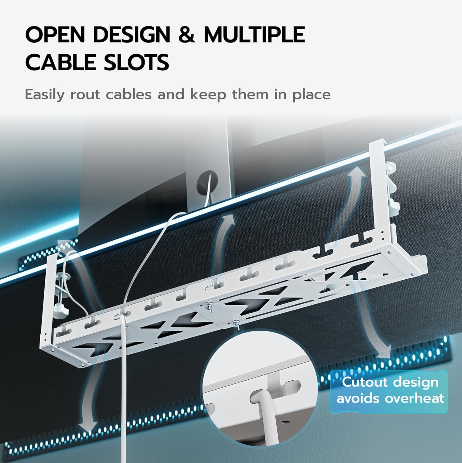 ARES WING 17"-28.7" Extendable Under Desk Cable Management Tray with Cable Slots, Clamp On Cord Organizer Holds Up to 11 lbs, White Metal Under Desk Storage for Office and Gaming Accessories
