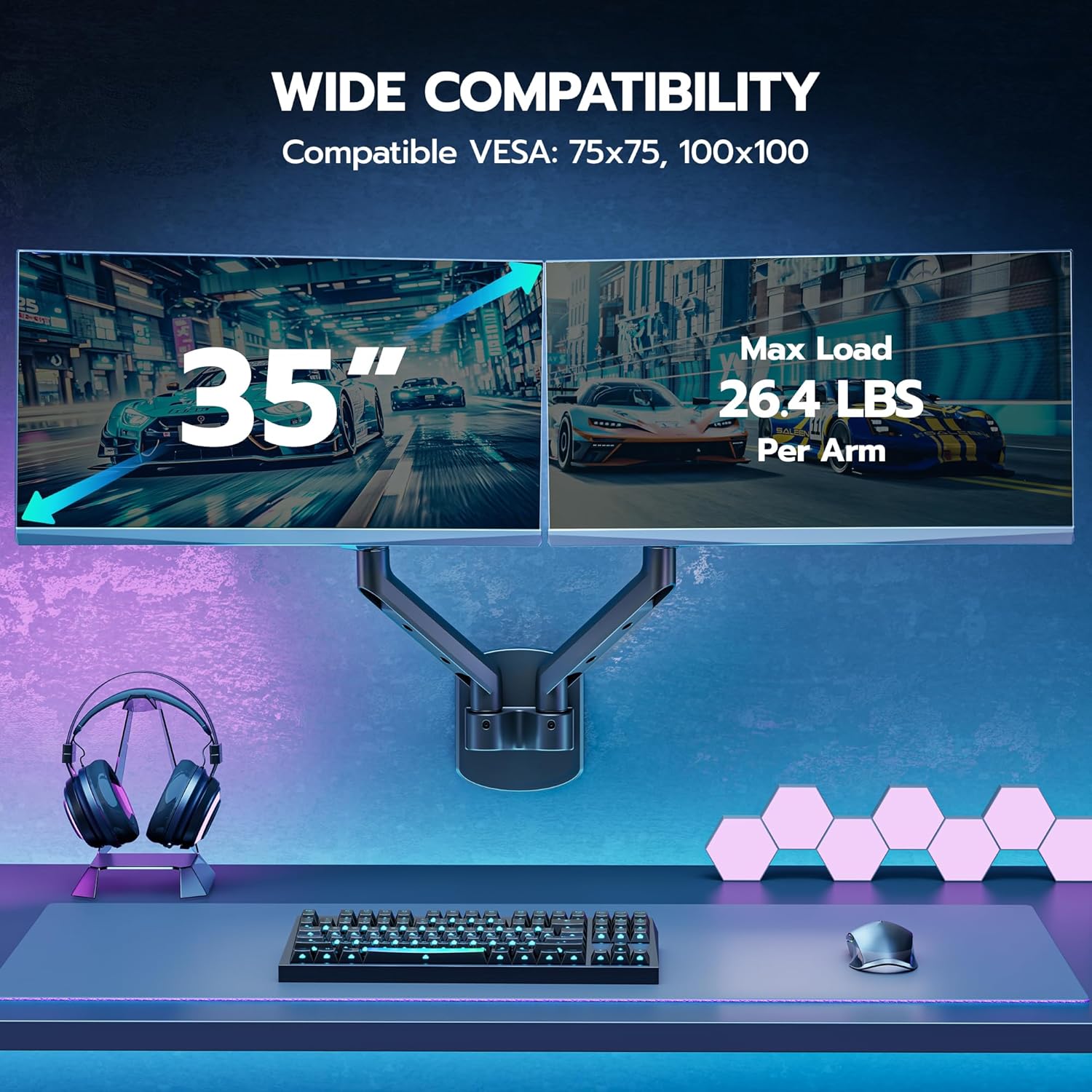 ARES WING Dual Monitor Wall Mount for 17-35 Inch Ultrawide Screens, Heavy Duty Monitor Arm Up to 26.4 lbs, Fully Adjustable Wall Mount, VESA 75x75/100x100 Compatible, Black
