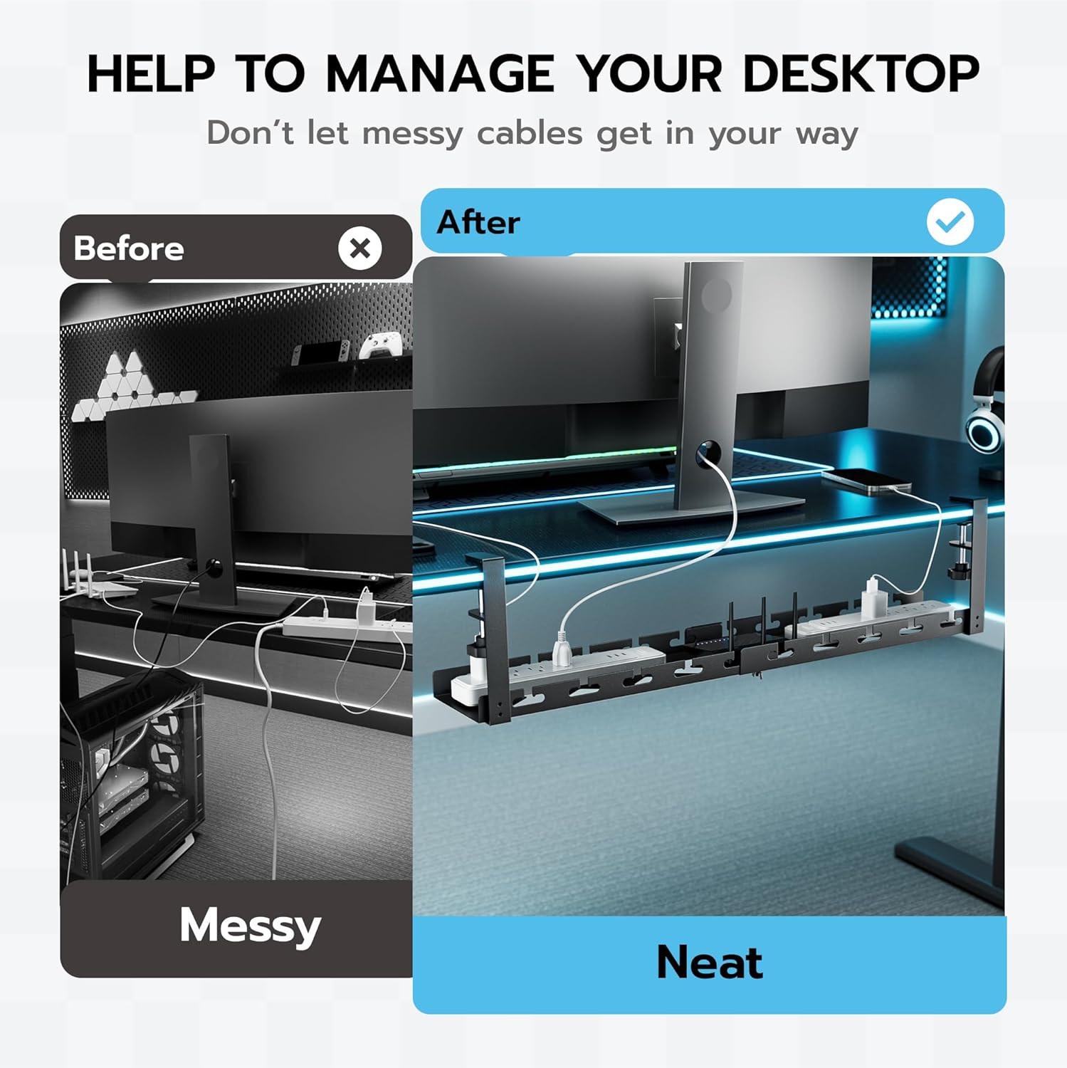 ARES WING 17"-28.7" Extendable Under Desk Cable Management Tray with Cable Slots, Clamp On Cord Organizer Holds Up to 11 lbs, Black Metal Under Desk Storage for Office and Gaming Accessories
