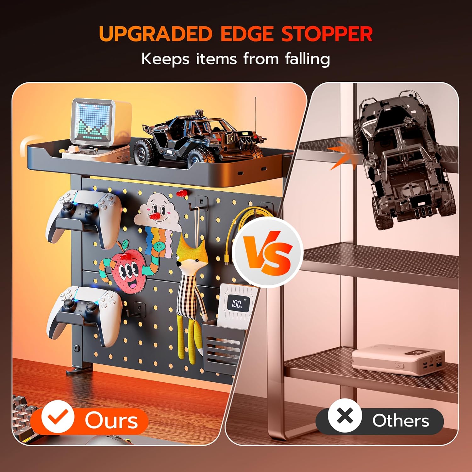 ARES WING Desk Clamp On Pegboard with 16 inches Organizer Shelf, Adjustable Above or Under Desk Storage Shelf Holds 44 lbs, Magnetic Metal Peg Board for Office and Gaming Accessories, Black