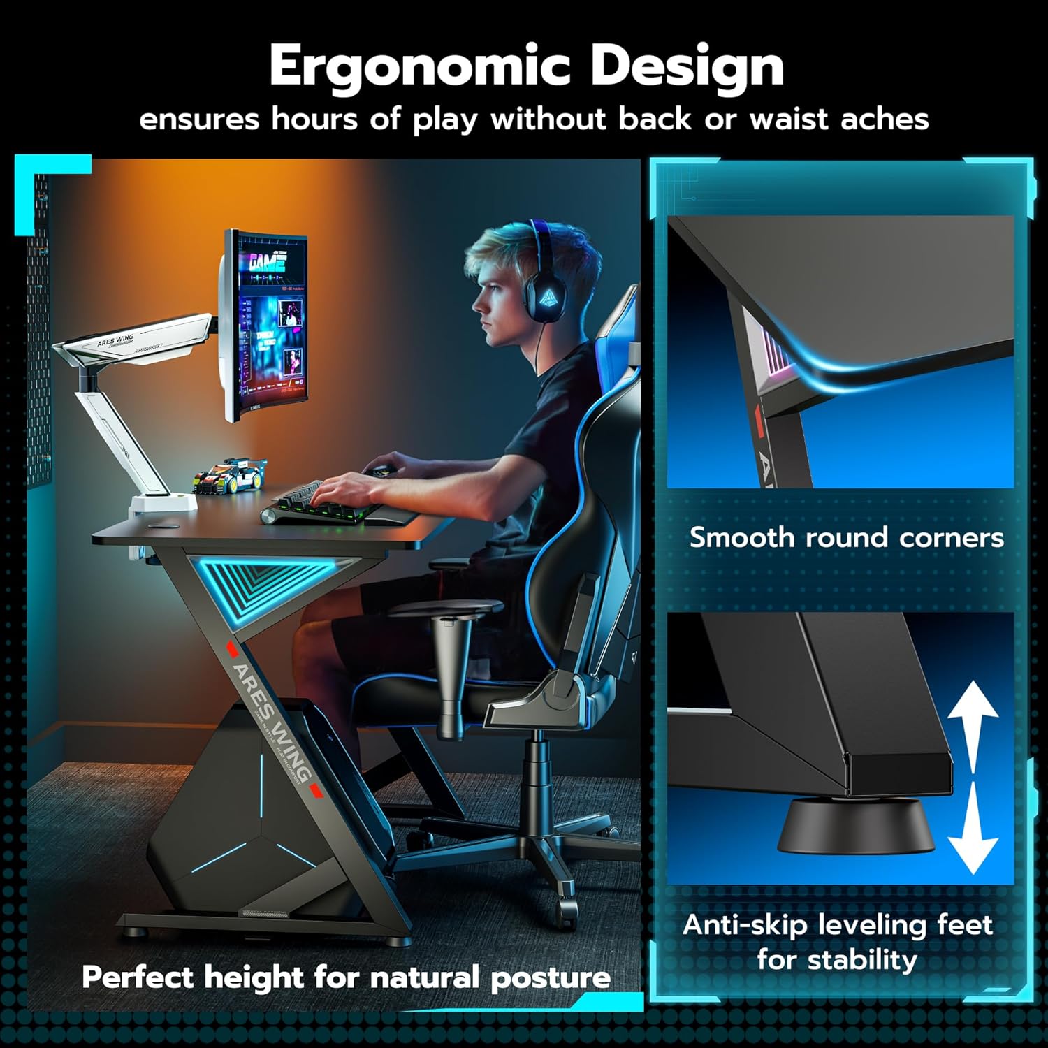 ARES WING 47 Inch Gaming Desk, Ergonomic Computer Desk with LED Light and DIY Control Cable, Gaming Table Carbon Fiber Surface for Home and Office, Black
