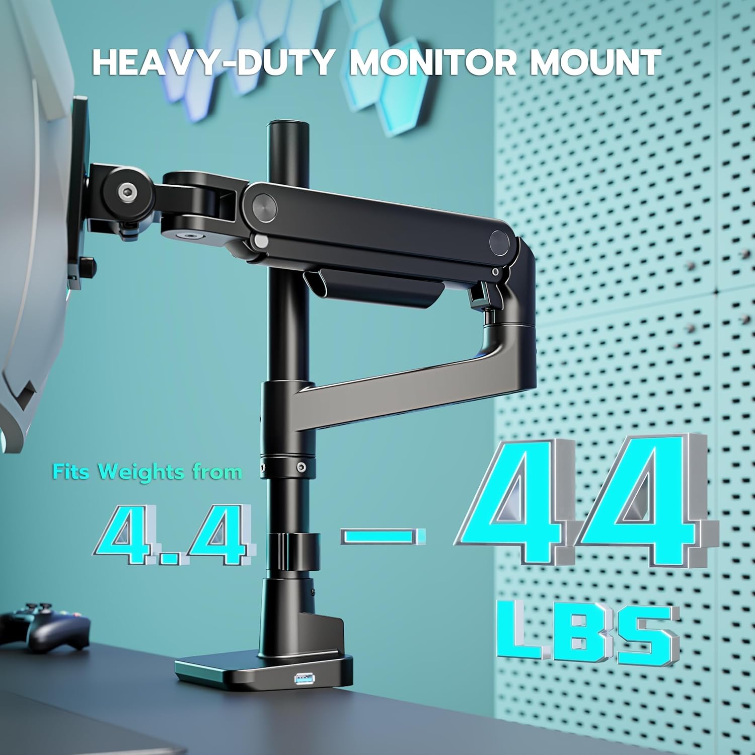 ARES WING Heavy Duty Monitor Arm with USB A/C, Tall Ultrawide Monitor Arm for 17 to 49 Inch Screen, Holds 44 Lbs, Adjustable Gas Spring Desk Mount, Black