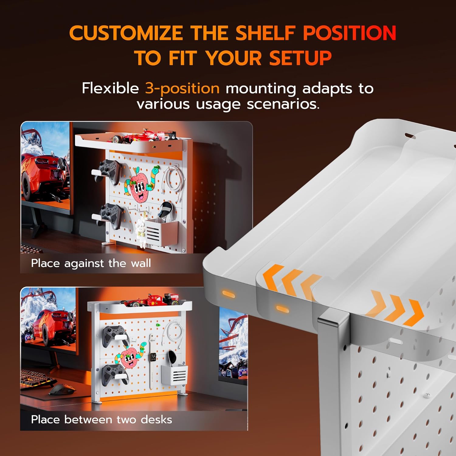 ARES WING Clamp On Desk Pegboard with 16 inches Organizer Shelf, Adjustable Above or Under Desk Storage Shelf Holds 44 lbs, Magnetic Metal Peg Board for Office and Gaming Accessories, White
