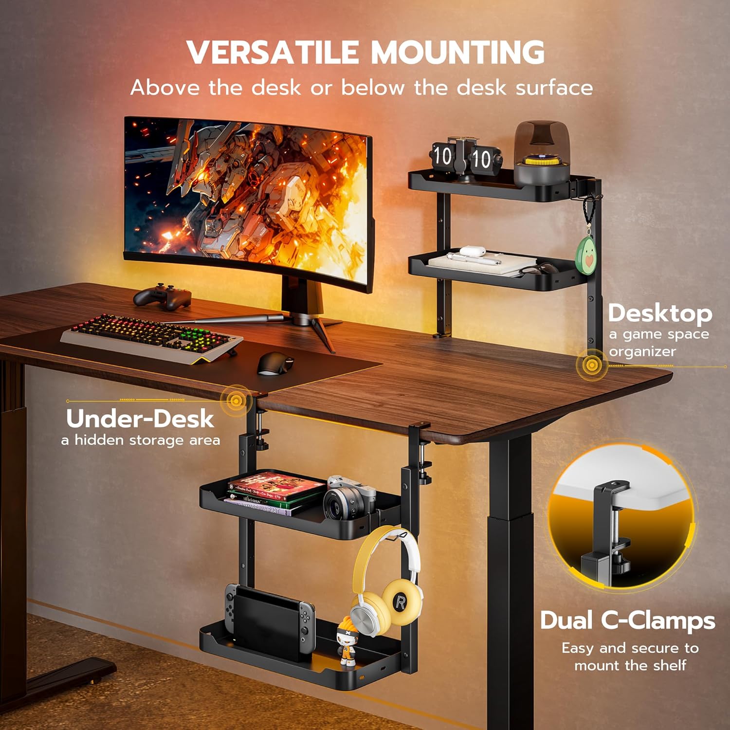 ARES WING 2-Tier Clamp On Desk Shelf, 16 inch Adjustable Above or Under Desk Storage Shelves Holds 44 lbs, Heavy Duty Desktop Organizer with Headphone Holder for Working and Gaming Accessories, Black