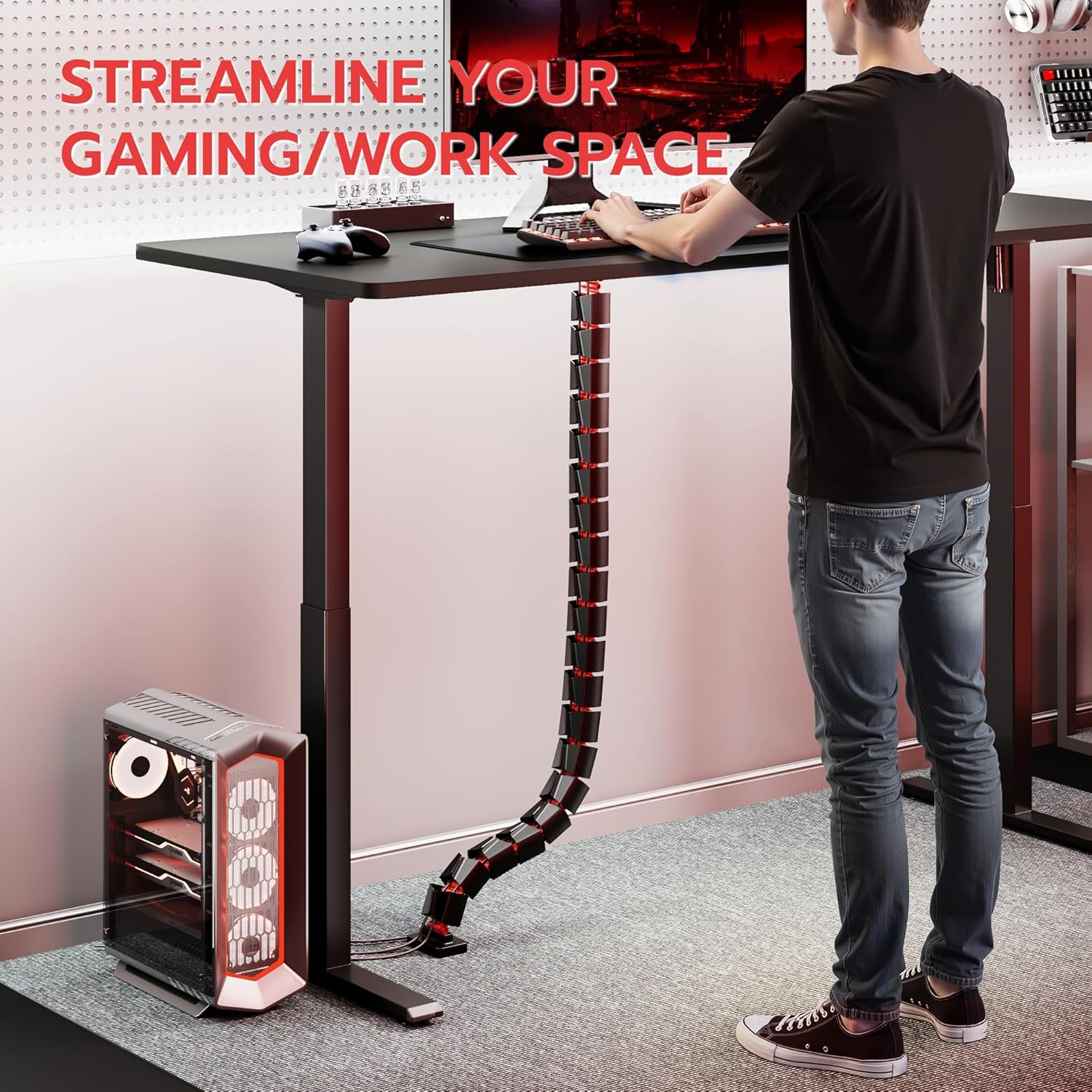 ARES WING Under Desk Cable Management Spine, Screw On Vertebrae Cable Management for Standing Desk, Length Adjustable Cord Organizer with 20 Modular Vertebrae for Office and Gaming Desks, Red
