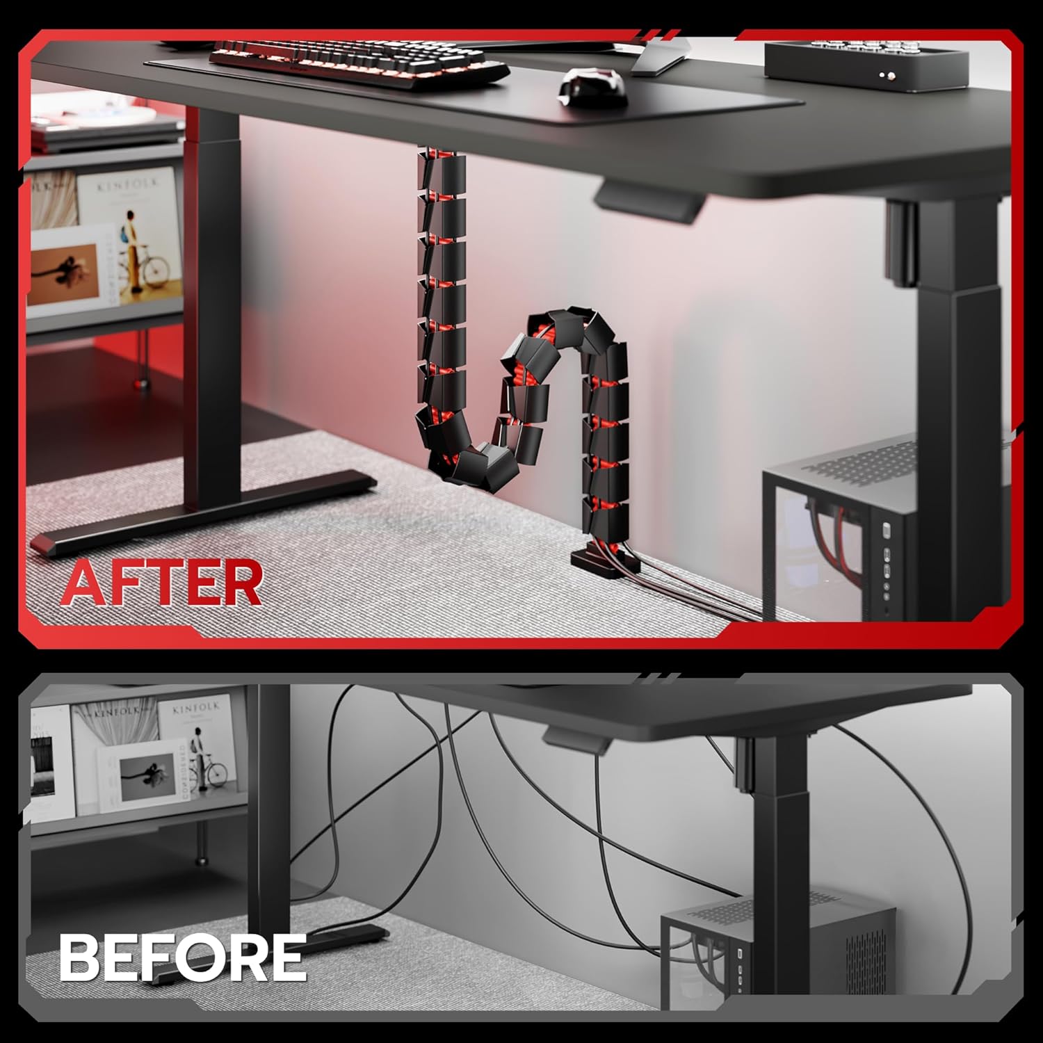 ARES WING Under Desk Cable Management Spine, Screw On Vertebrae Cable Management for Standing Desk, Length Adjustable Cord Organizer with 20 Modular Vertebrae for Office and Gaming Desks, Red