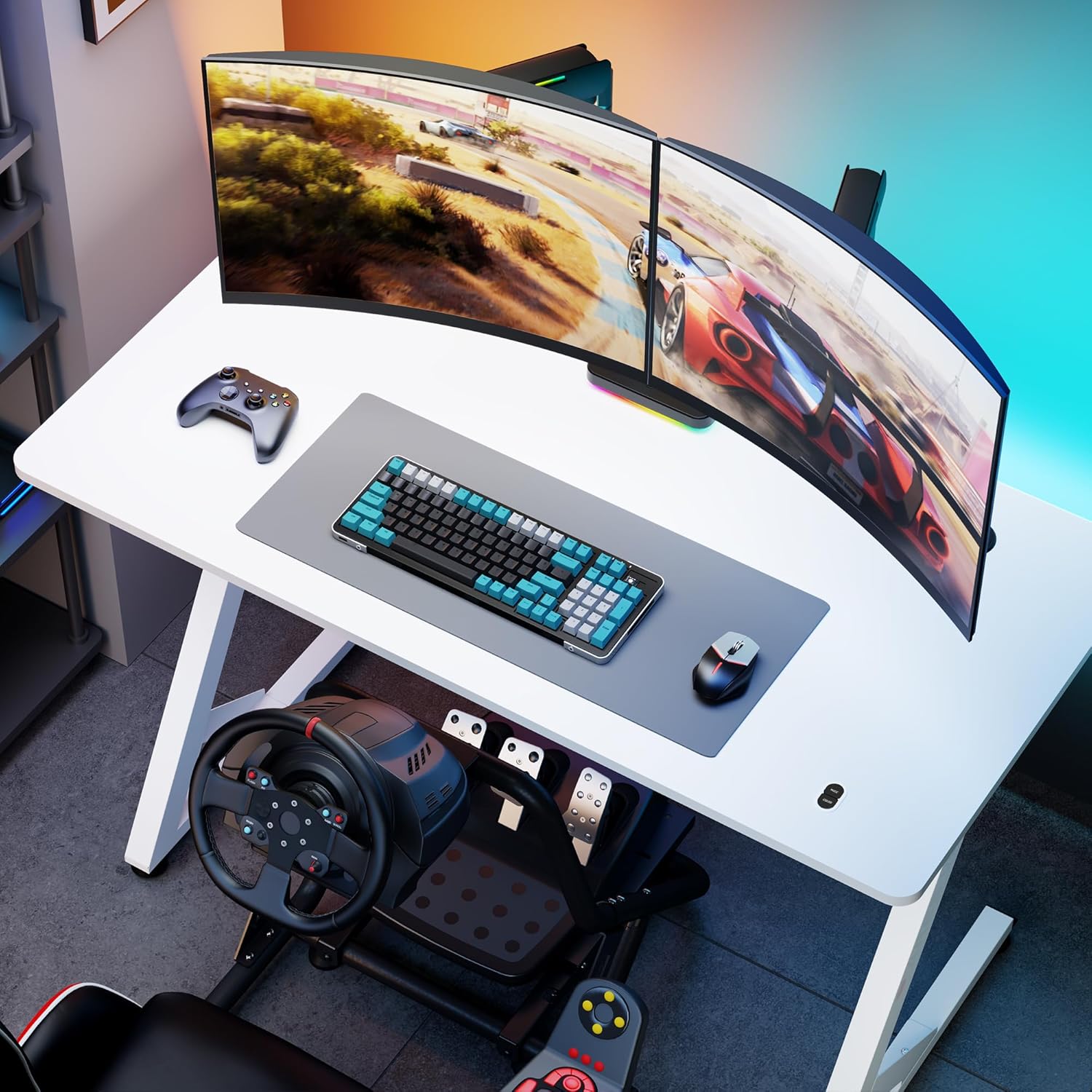 ARES WING 47 Inch Gaming Desk, Ergonomic Computer Desk with LED Light and DIY Control Cable, Gaming Table Carbon Fiber Surface for Home and Office, White