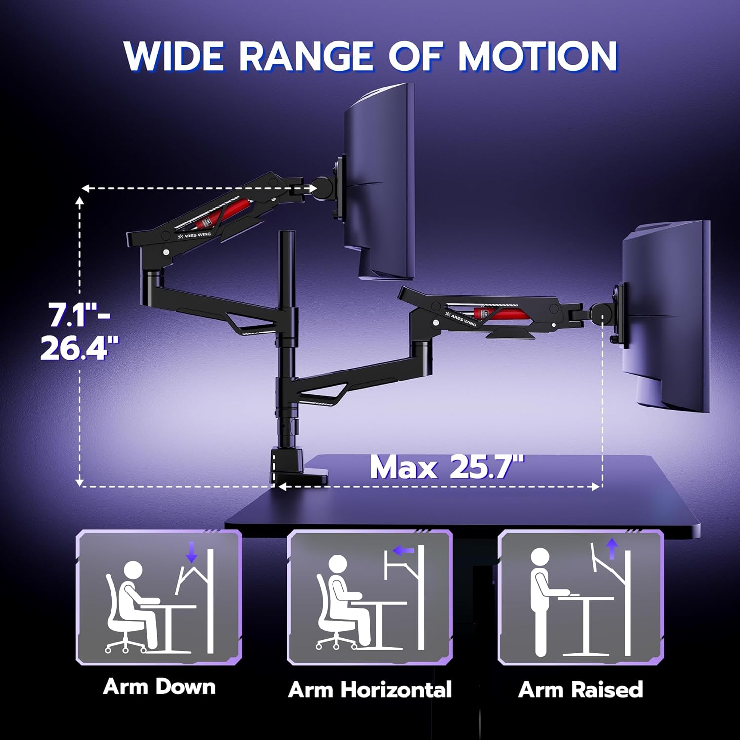ARES WING Premium Monitor Arm, Ultrawide Monitor Stand up to 57'' and 60 Lbs per Screen, Heavy Duty Gas Sprinq Dual Monitor Mount Adjustable Arms, Various VESA Mount with Clamp/Grommet Base