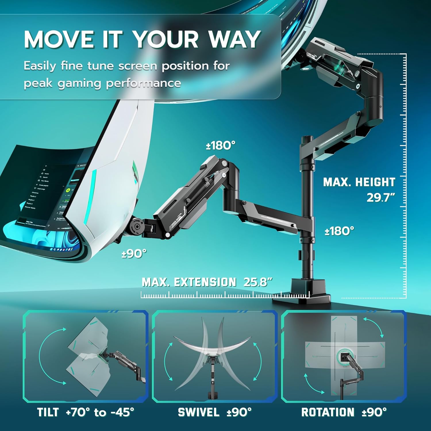 ARES WING Vertical Dual Monitor Mount - 24-57" Aluminum Heavy Duty Monitor Arms for 2 Monitors, Fully Adjustable Gas Spring Stacked Monitor Stand with 75/100/200 Vesa Mount, Black