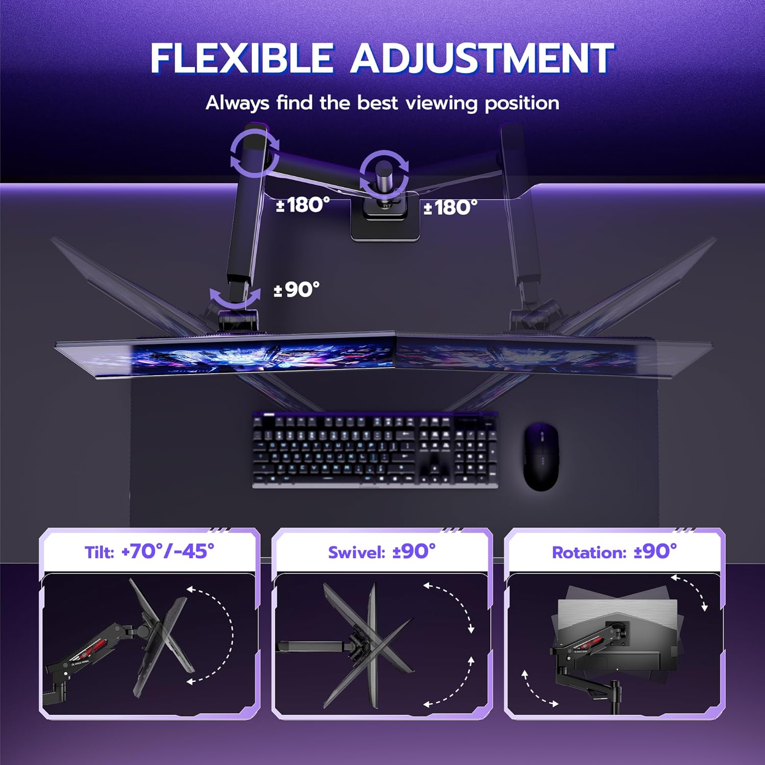 ARES WING Heavy Duty Monitor Arm, Ultrawide Monitor Stand up to 57” and 66 Lbs, Gas Sprinq Monitor Mount Height Adjustable Arms Monitor Stand for Desk Various VESA Mount with Clamp/Grommet Base