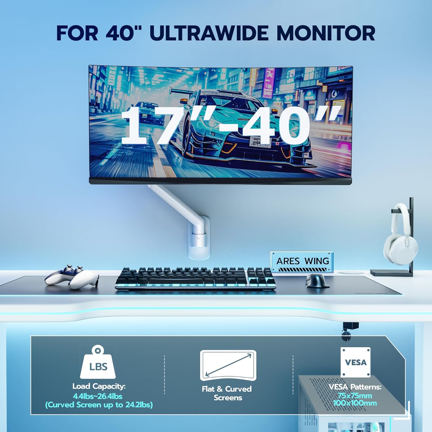 ARES WING Single Monitor Wall Mount for 17-40 Inch Ultrawide Screens, Heavy Duty Monitor Arm Up to 26.4 lbs, Fully Adjustable Wall Mount, VESA 75x75/100x100 Compatible, White